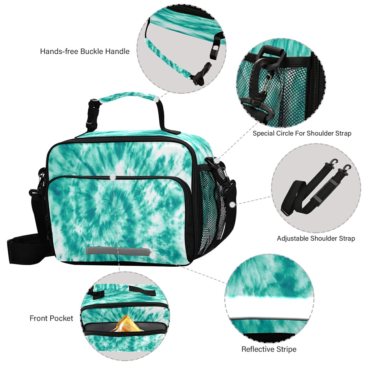 Insulated Lunch Bag for Women & Men - Teal Turquoise Tie Dye Design, Adjustable Shoulder Strap, Reusable Lunch Tote for Work, Office, School, Picnic & Outdoor Activities | Keep Meals Fresh All Day