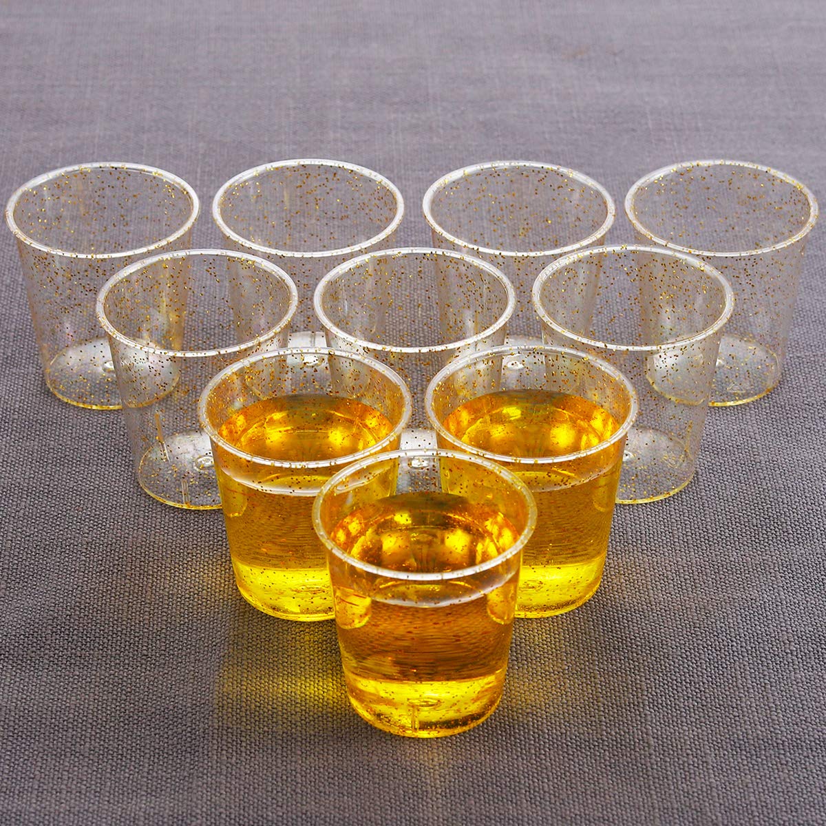 WELLIFE 200 Pack Gold Glitter Plastic Shot Glasses - 1 oz Disposable Party Cups for Whiskey, Liquor & Cocktails - Premium Mini Containers for Birthday, Wedding & Holiday Celebrations