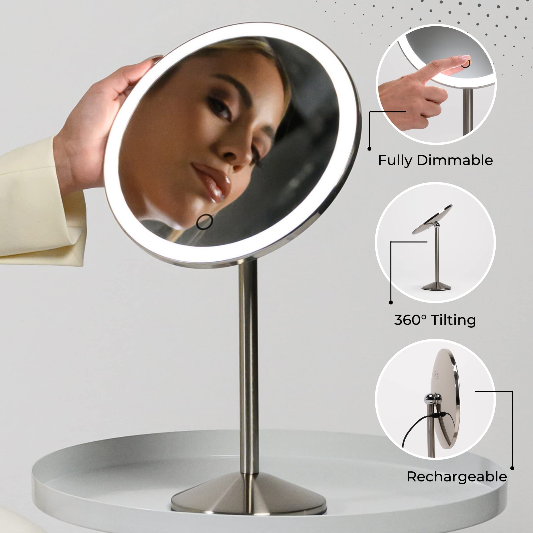 Wireless LED Vanity Mirror with 5X Magnification & Adjustable Brightness - Rechargeable Makeup Mirror for Home & Travel - Perfect for Makeup Application, Skincare Routine & Professional Beauty Use
