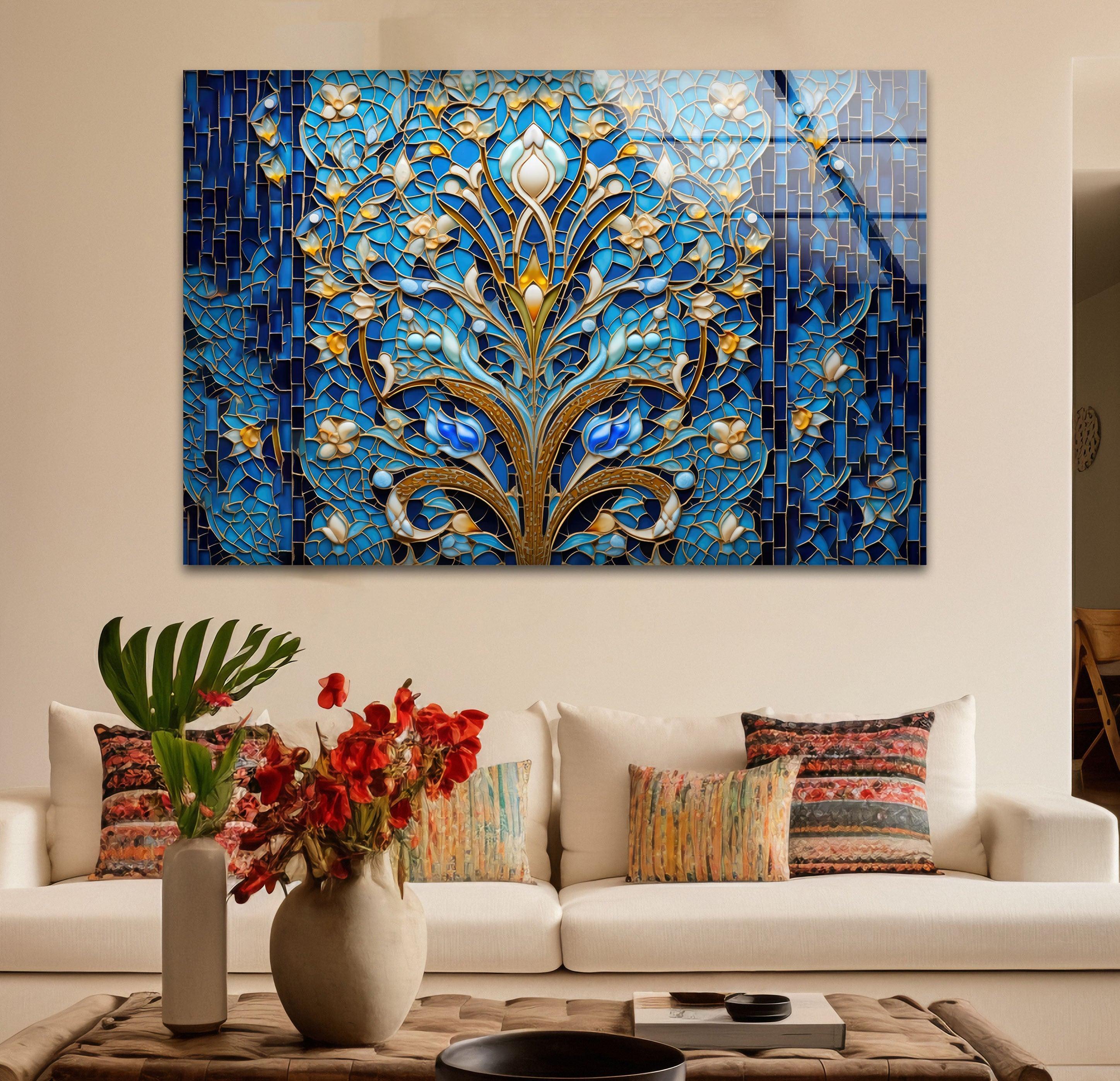 Handmade Blue Mosaic Stained Glass Wall Art - Elegant Home Decor for Living Room, Bedroom & Office - Perfect Gift for Housewarming & Wedding