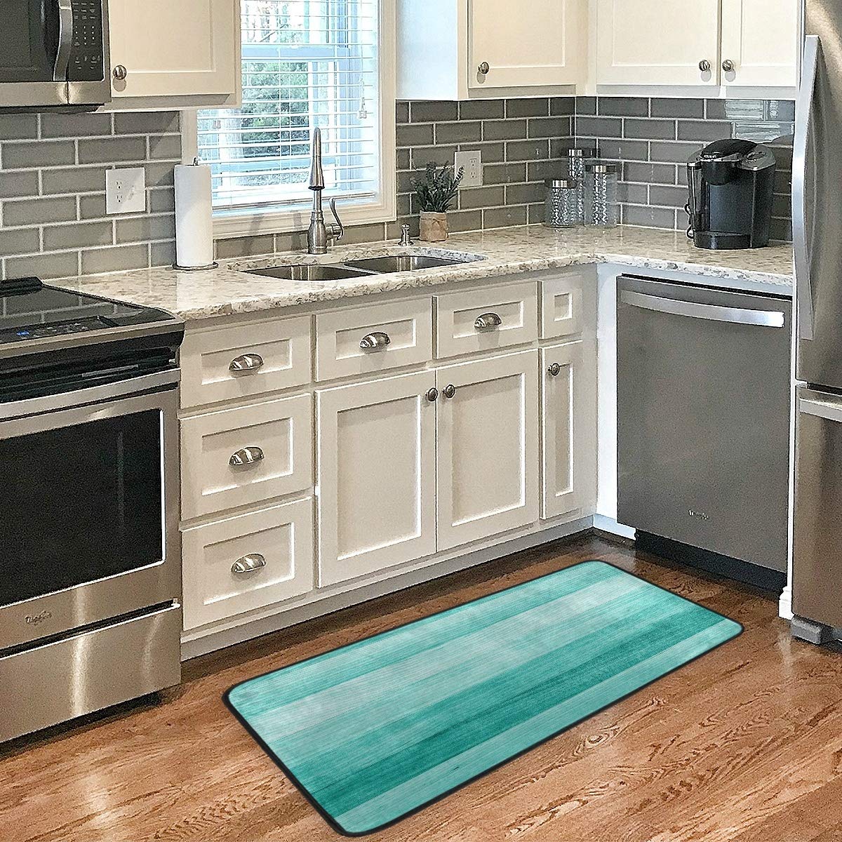 Non-Slip Washable Kitchen Rug Floor Mat - Teal Turquoise Green Wood Pattern, Anti-Fatigue Comfort Cushion for Standing | Perfect for Kitchens, Laundry Rooms & High-Traffic Areas