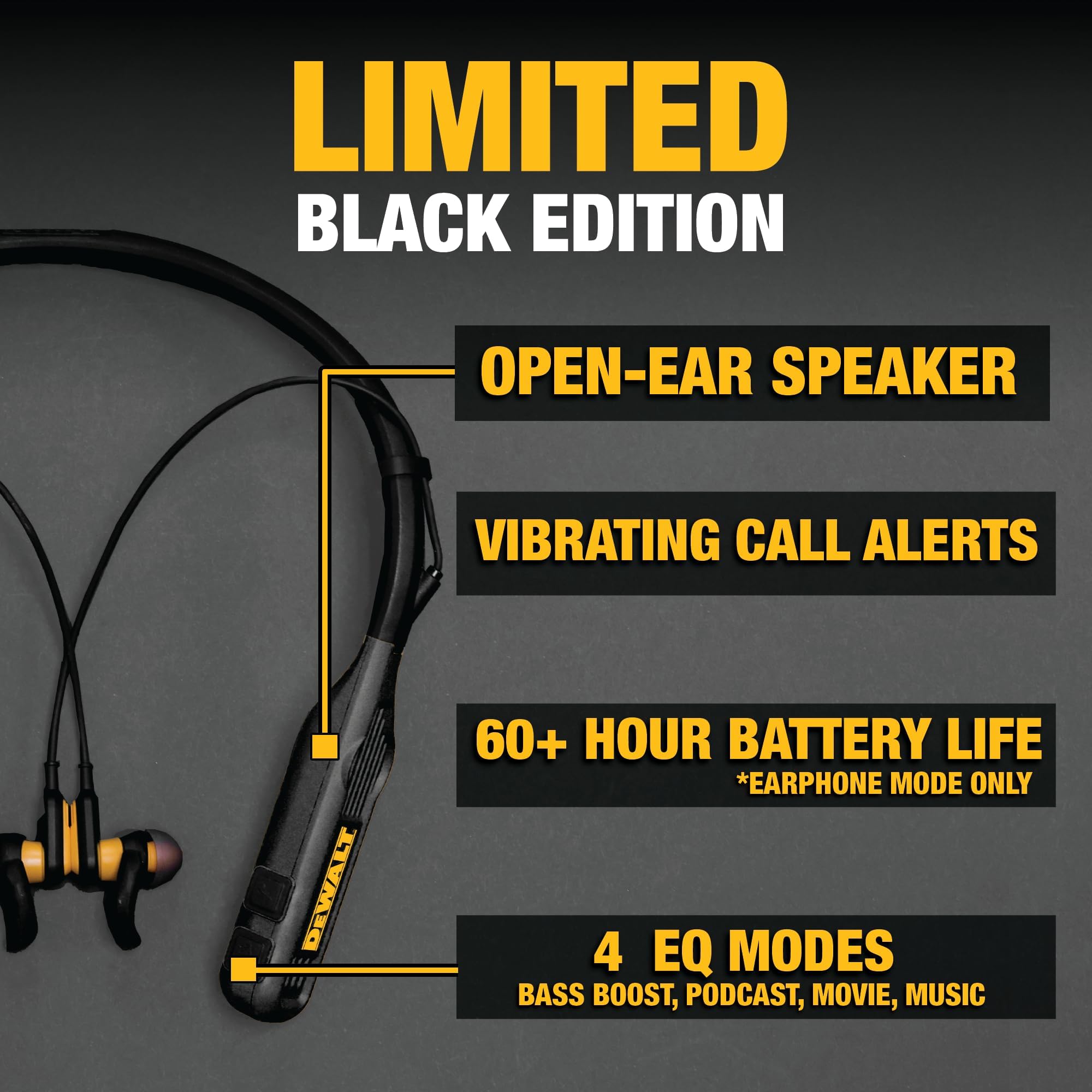 DEWALT 2-in-1 Wireless Bluetooth Headphones with Built-in Speakers, 60+ Hours Battery Life, Hands-Free Music & Calls, Jobsite Wearable Speaker & Neckband Headset, Ideal for Construction Sites and Outdoor Activities (Black)