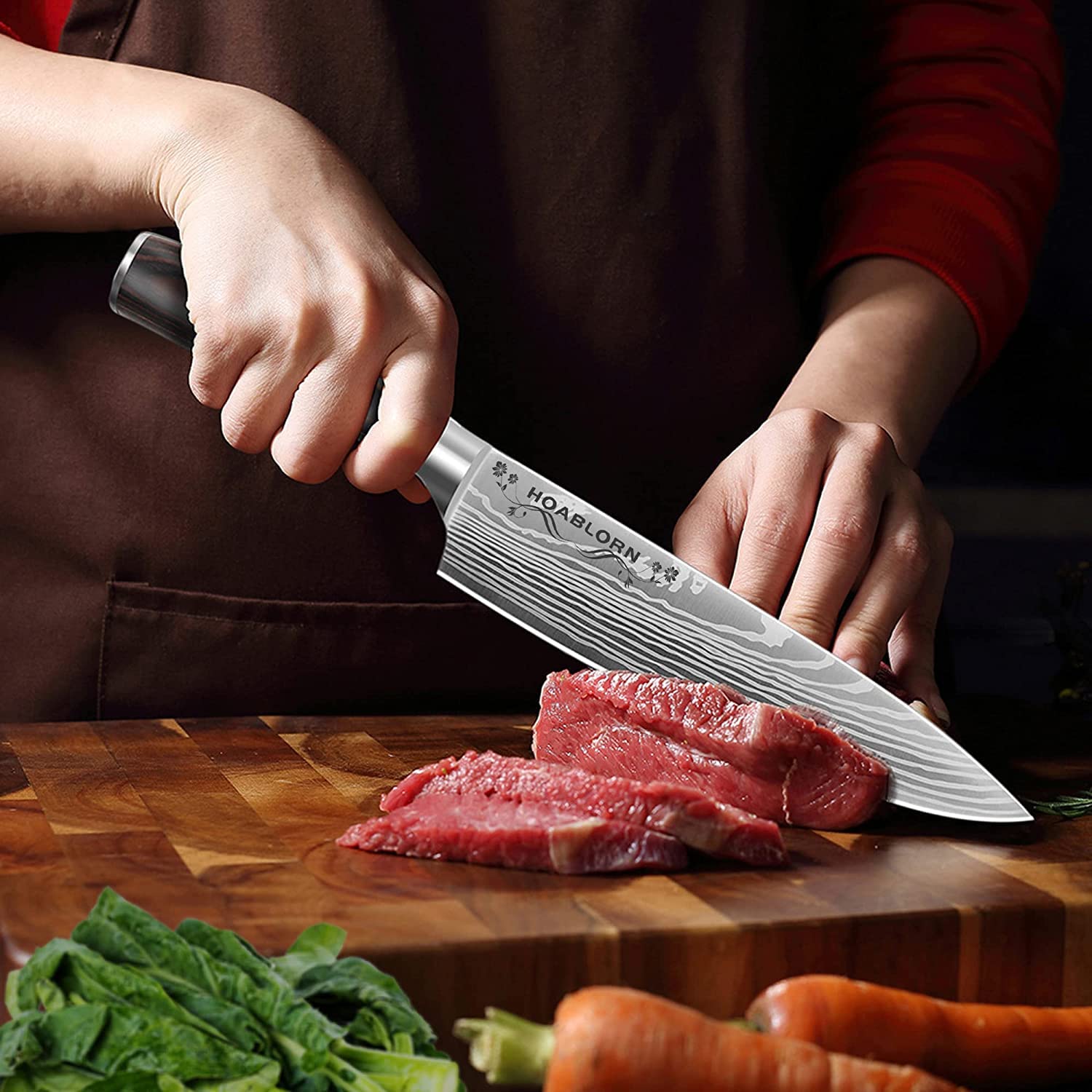 HOABLORN Luxury 19-Piece Magnetic Knife Block Set - Damascus German Stainless Steel Kitchen Knives with Acacia Wood Holder - Perfect for Professional Chefs & Home Cooking Enthusiasts - Ideal for Meal Prep, Slicing, Dicing & Gourmet Cooking