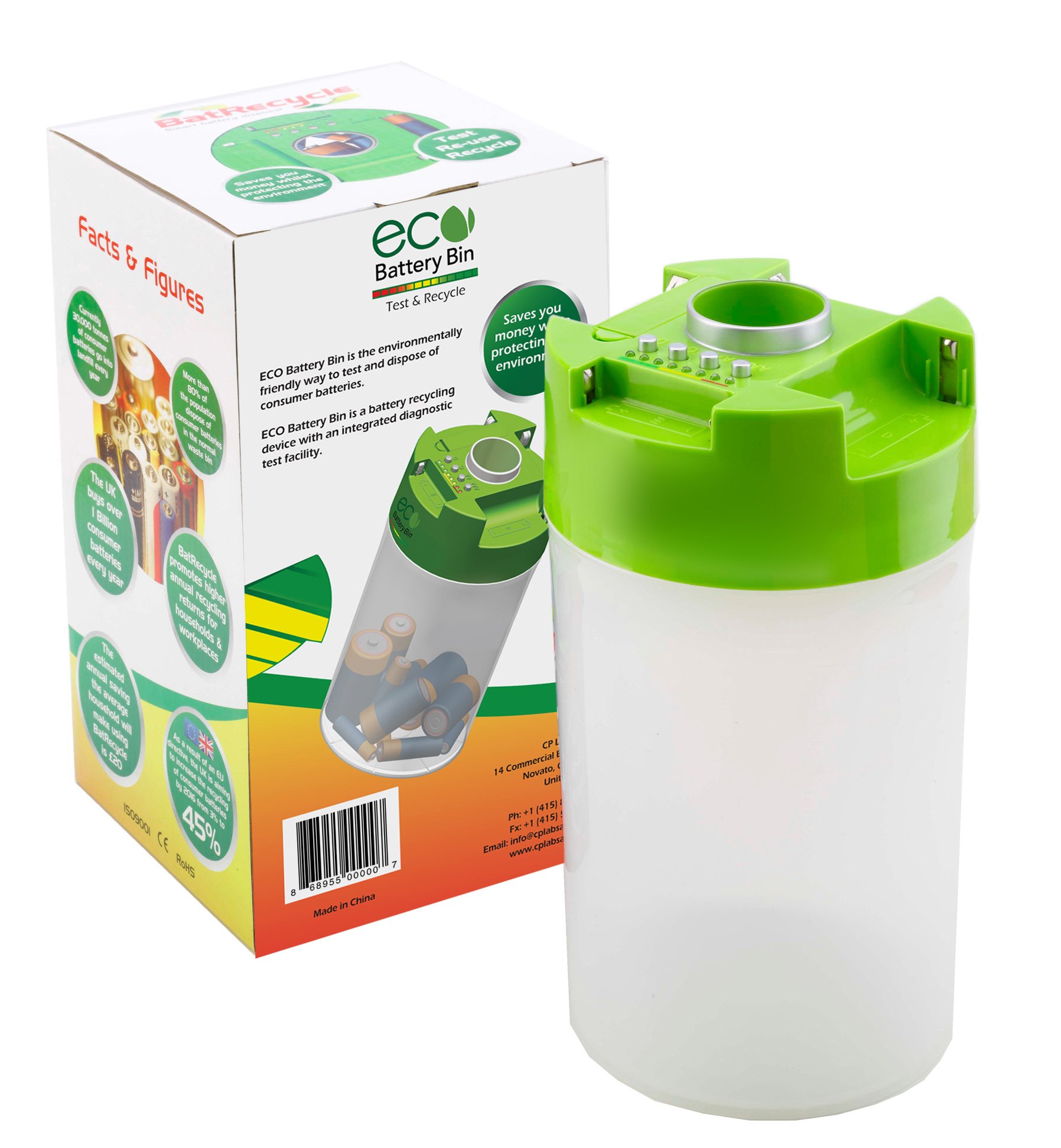 ECO Battery Bin - Test, Store & Recycle AA AAA C D Batteries | Safe Battery Organizer for Home, Office & Garage | Perfect for Household, Electronics & Toy Batteries