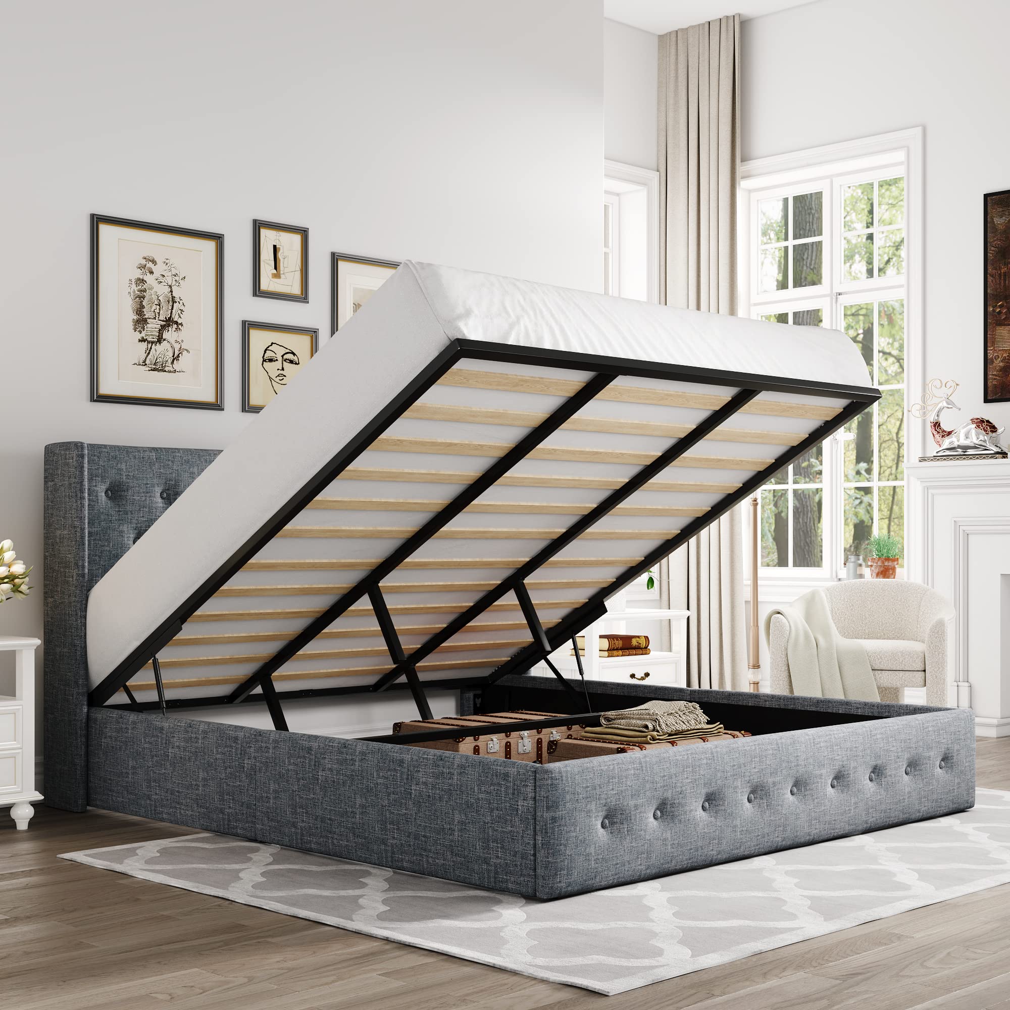 Allewie King Size Lift Up Storage Bed with Button Tufted Wingback Headboard - Hydraulic Storage Platform Bed Frame, No Box Spring Needed, Grey Blue - Perfect for Small Space Bedrooms & Guest Rooms
