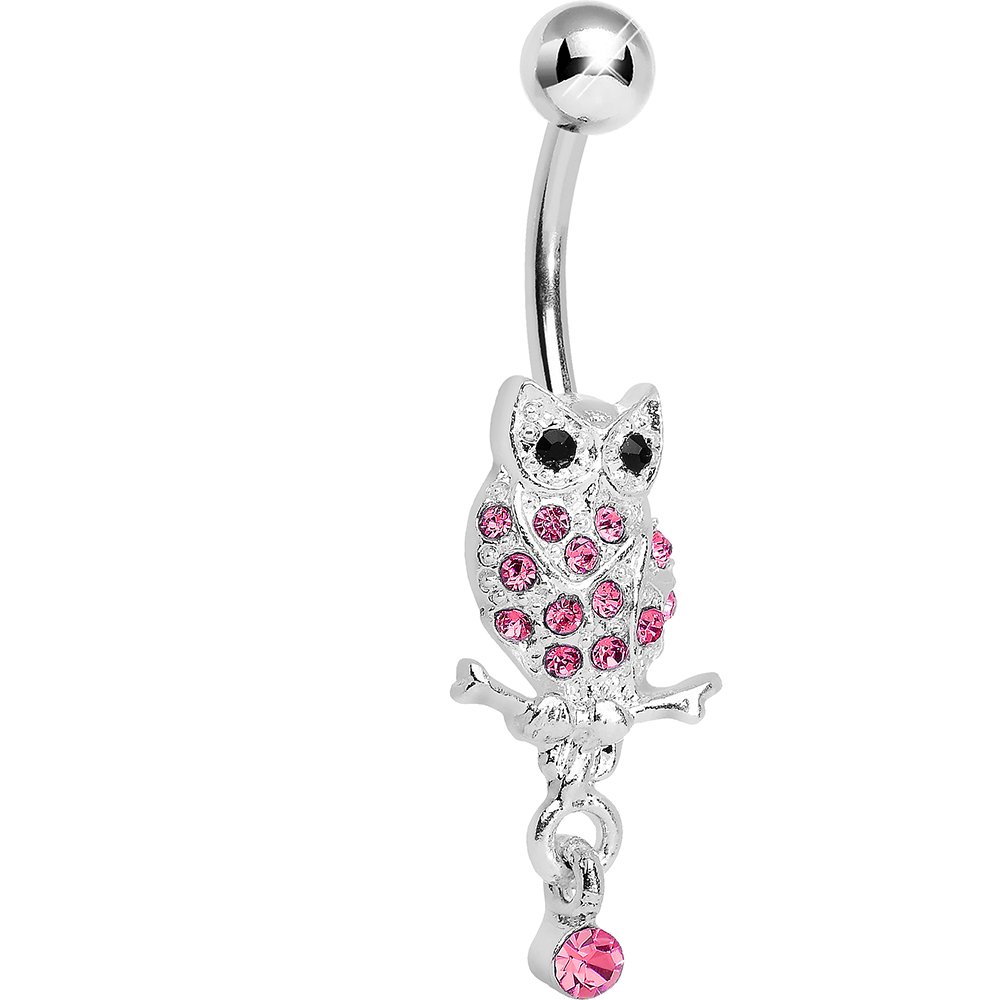 Pink Owl Belly Ring - Surgical Steel Lower Navel Piercing Jewelry for Women | Trendy Body Jewelry for Parties, Festivals & Everyday Wear