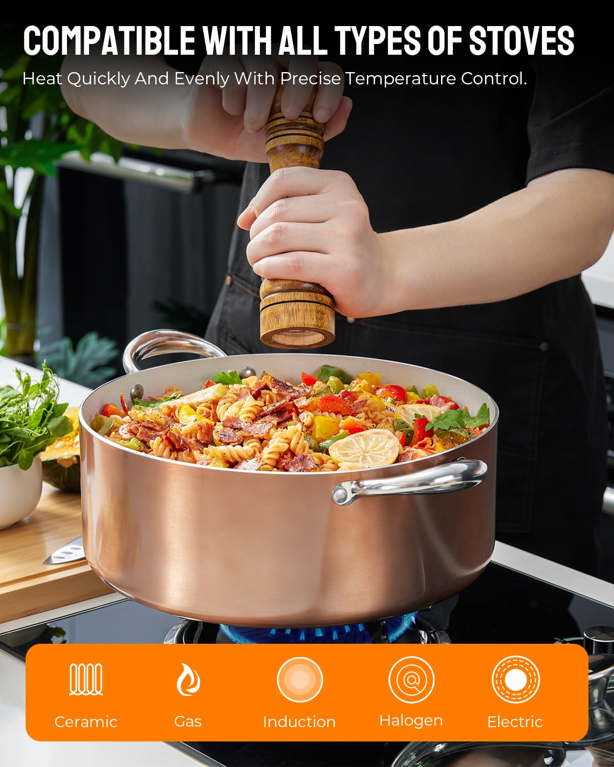 BEZIA 8 Quart Nonstick Stock Pot with Lid - Induction Compatible, Oven Safe Cooking Pot for Soups, Stews & Pasta - Perfect for Gas, Electric & All Stovetops - Ideal for Family Dinners & Meal Prep