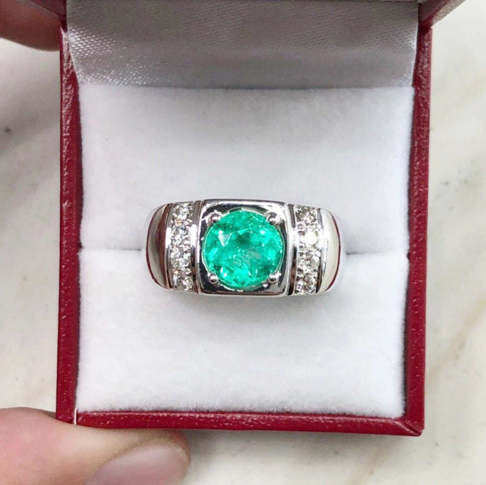 3.10tcw Round Colombian Emerald & Diamond Men's Ring for Wedding, Engagement, Anniversary - Luxury Handmade Jewelry Gift for Him