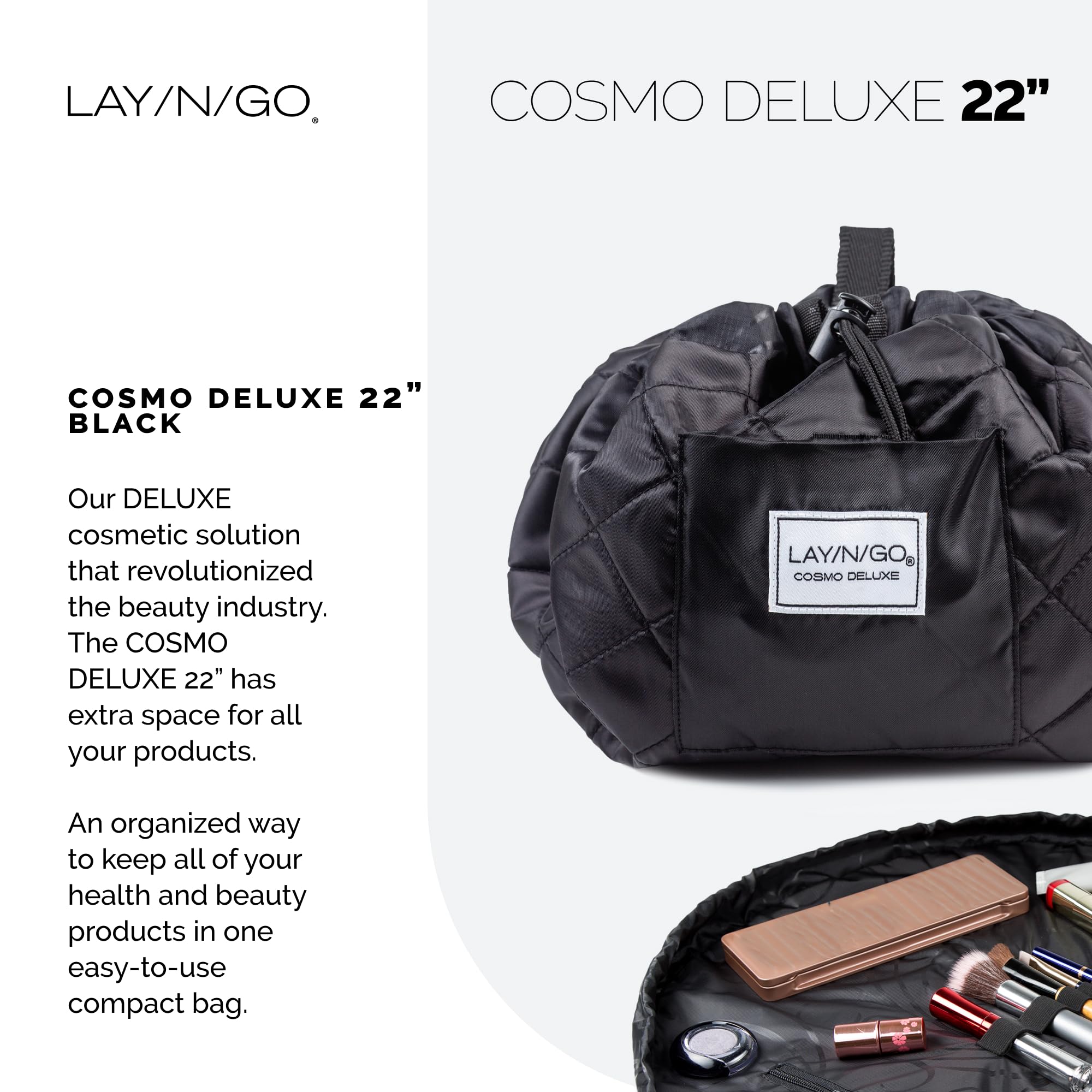 Lay-n-Go Cosmo Drawstring Cosmetic & Makeup Organizer Bag - Portable Travel Makeup Pouch with Zipper Pocket & Loops - Durable Machine Washable Beauty Case (22 Inch, Black) - Perfect for Travel, Gym & Daily Organization