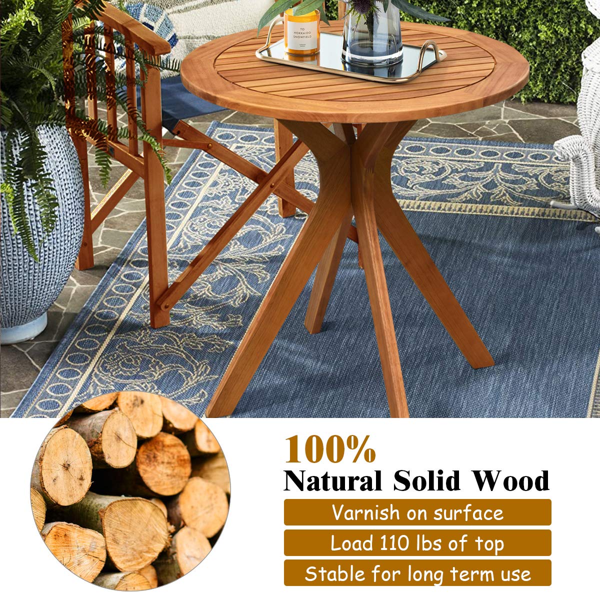 Wooden Round Patio Bistro Table with X-Shaped Base - Indoor/Outdoor Side Table for Coffee, Garden, Backyard & Living Room | Durable Teak Furniture for Relaxing & Entertaining