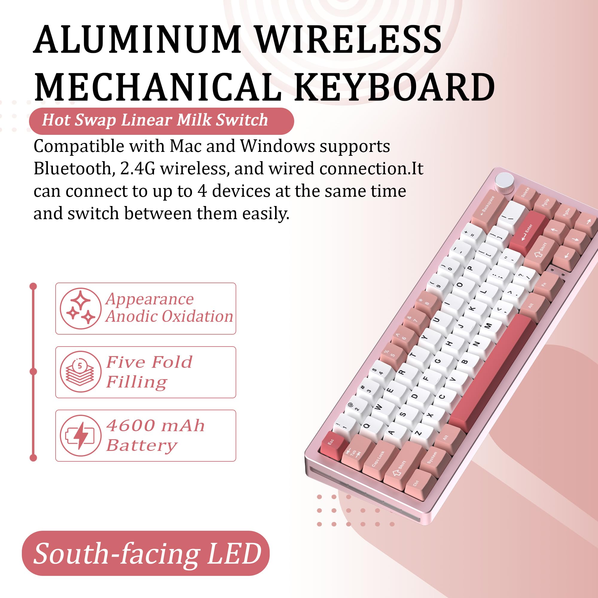 EMB Nabi Series NB1 65% Wireless Mechanical Gaming Keyboard - 66 Keys, CNC Aluminum Frame, RGB Backlit, Hot-Swappable Switches, 4600mAh Battery, Milk Linear Switches (Silver/Pink) - Wired/Bluetooth/2.4G Connectivity for PC, Mac, PS5, Xbox Gaming & Office Work