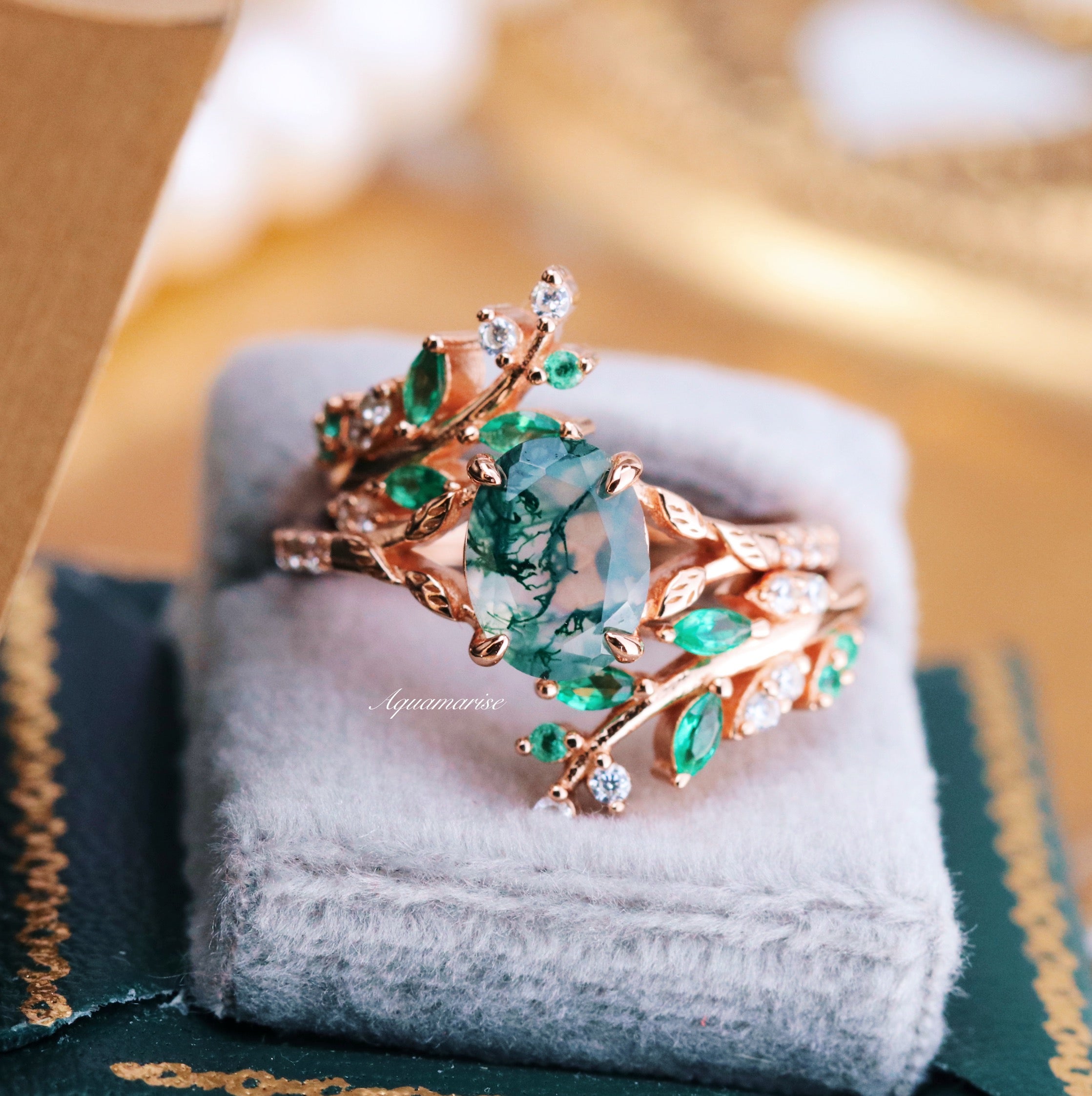 14K Rose Gold Vermeil Moss Agate & Emerald Fairy Leaf Ring for Women | Elegant Nature-Inspired Jewelry for Weddings, Parties & Everyday Wear