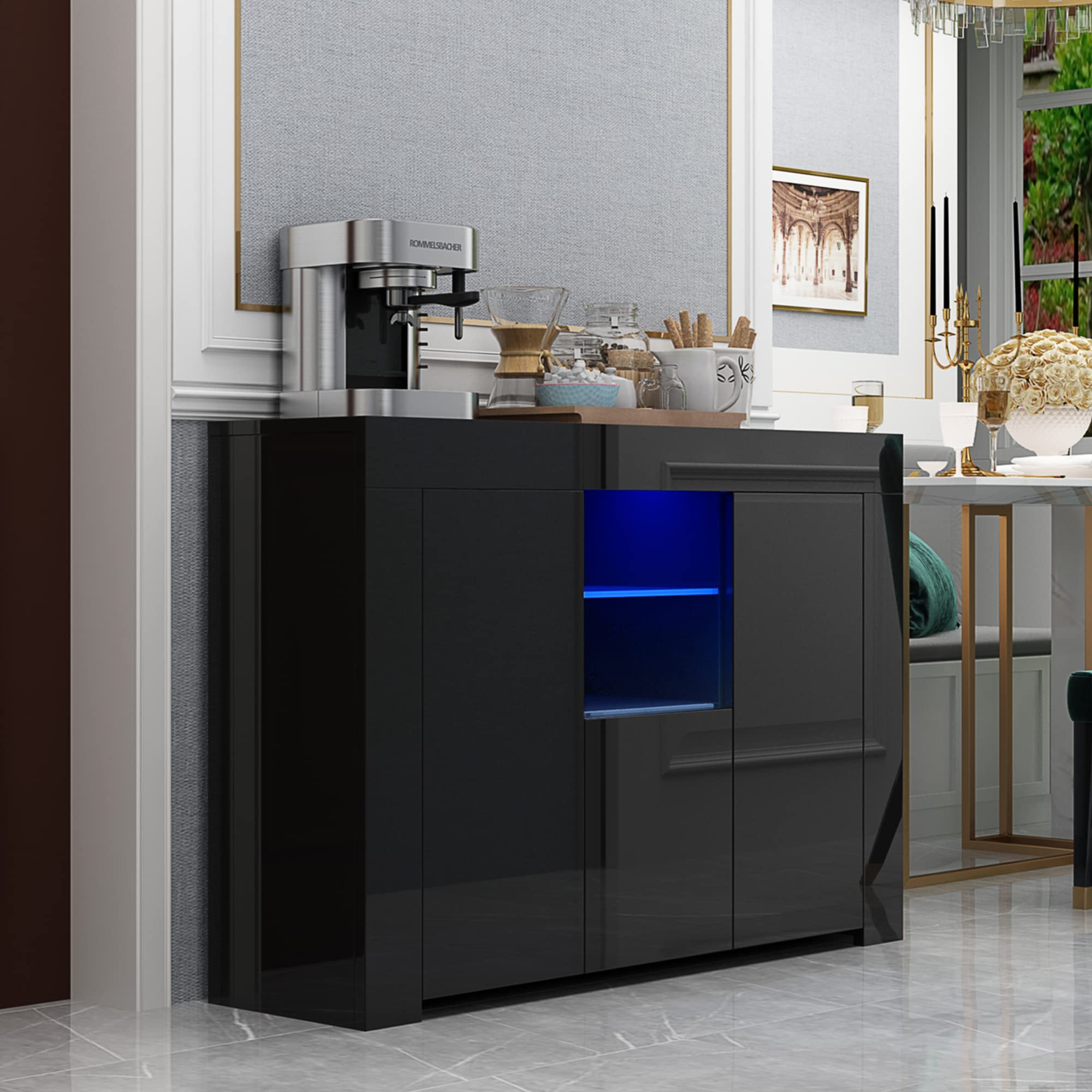 JOYSOURCE Modern LED Sideboard Buffet Cabinet - High Gloss Black Wooden Storage Cabinet with Lighting for Kitchen, Dining Room, Hallway & Living Room - Perfect for Entertaining, Display & Organization