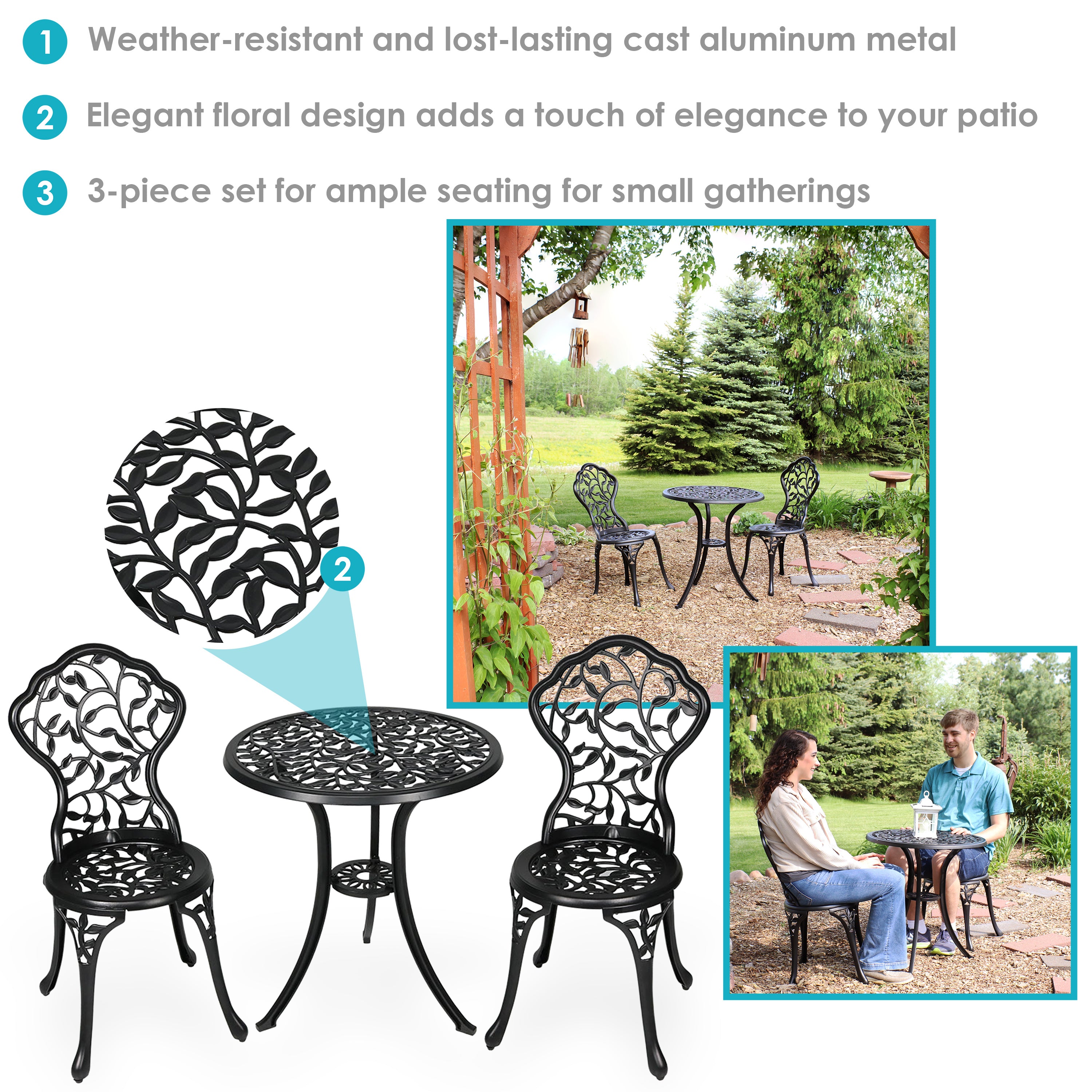 Sunnydaze 3-Piece Outdoor Cast Aluminum Patio Bistro Set - Durable Garden Furniture for Backyard, Balcony & Poolside Dining
