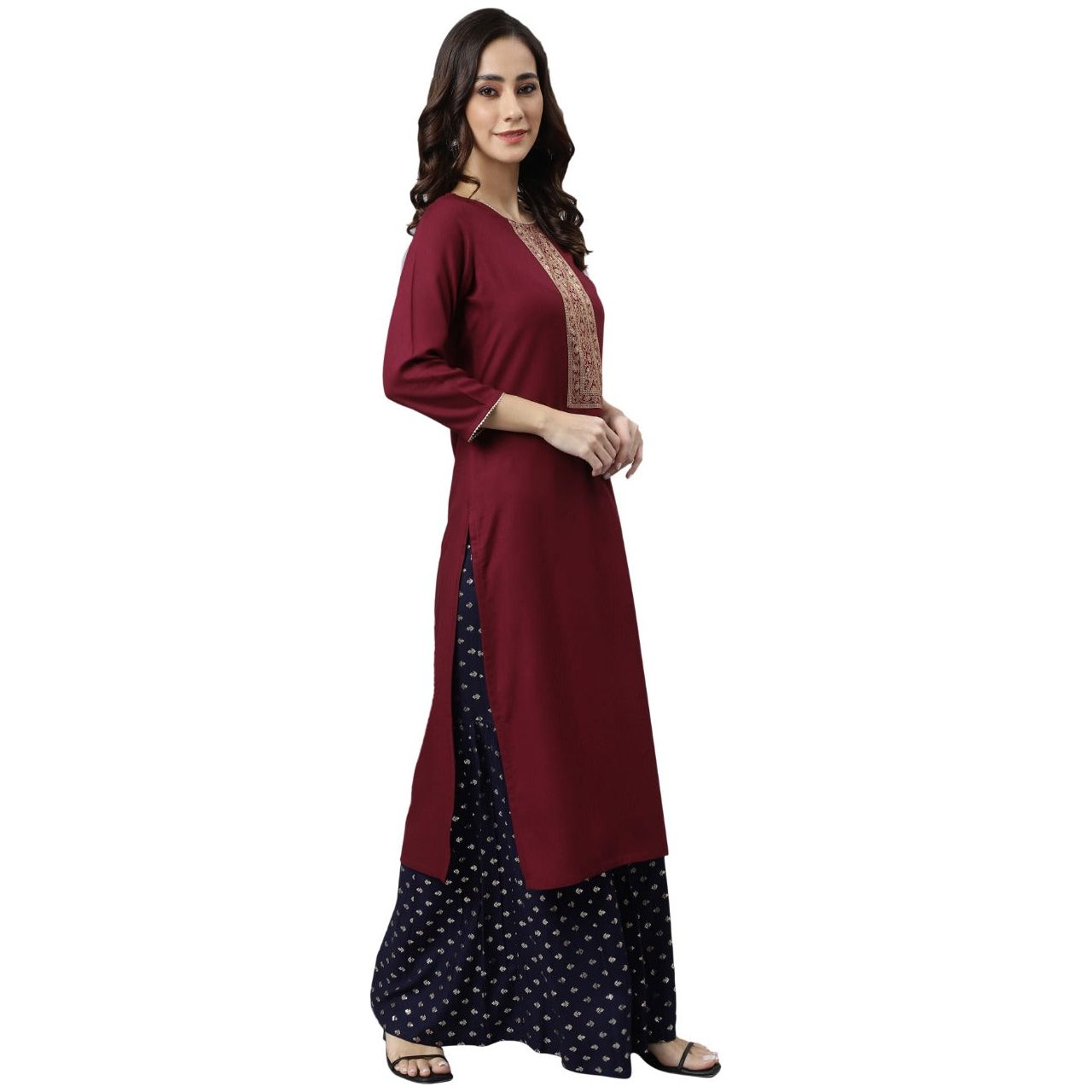 Elegant Wine and Gold Printed Women's Kurta - Stylish Indian Ethnic Tunic Top for Festivals, Weddings & Special Occasions
