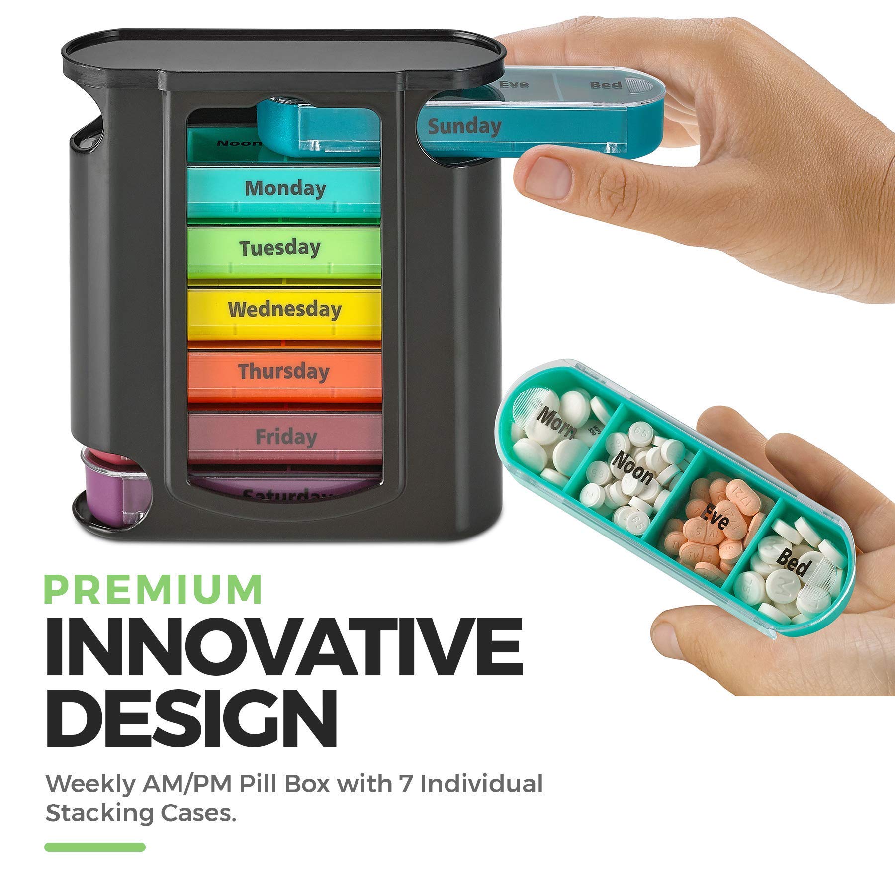 Premium Stackable Daily Pill Organizer 2-Pack - 7-Day AM/PM Weekly Medication Reminder with 4 Daily Compartments - Ideal for Vitamins, Supplements & Travel - Perfect for Home, Office & Vacation Use