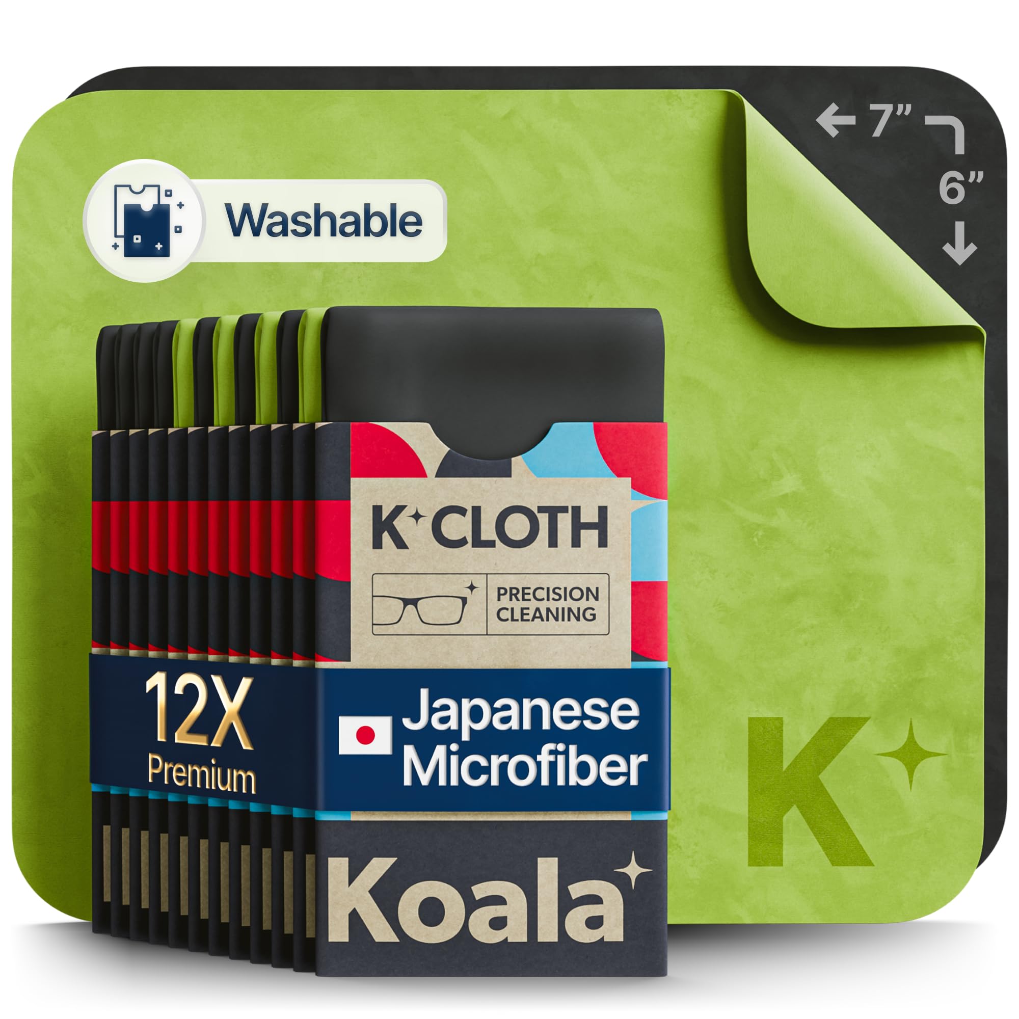 Premium Koala Lens Cleaning Cloth - 12 Pack Japanese Microfiber for Glasses, Camera Lenses, VR/AR Headsets & Screens - Ultra Soft Scratch-Free Cleaning Wipes (Black & Green) - Perfect for Travel, Office & Home Use
