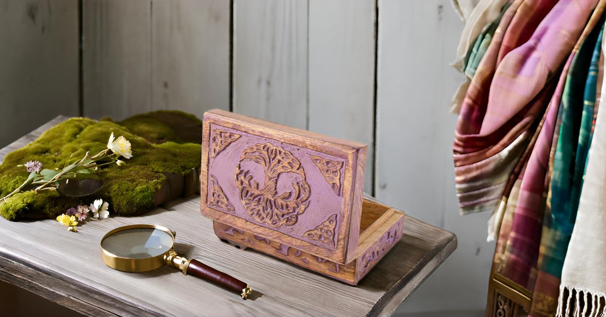 Handmade Wooden Jewelry Box with Tree of Life Carving - Jewelry Organizer, Keepsake Box, Watch Storage & Trinket Holder - Perfect Birthday, Housewarming Gift (Violet) - Ideal for Home Decor, Wedding Gifts & Jewelry Storage
