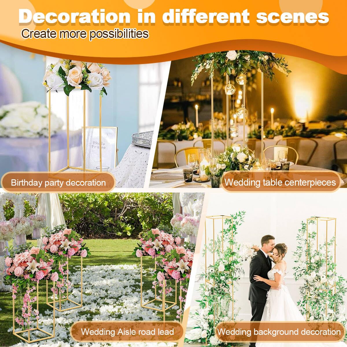 10-Piece Gold Geometric Metal Column Floral Vase Set - 23.6 Inch Wedding Centerpieces for Tables, Birthday Party & Home Event Decorations - Elegant Flower Stands for Weddings, Anniversaries and Special Occasions