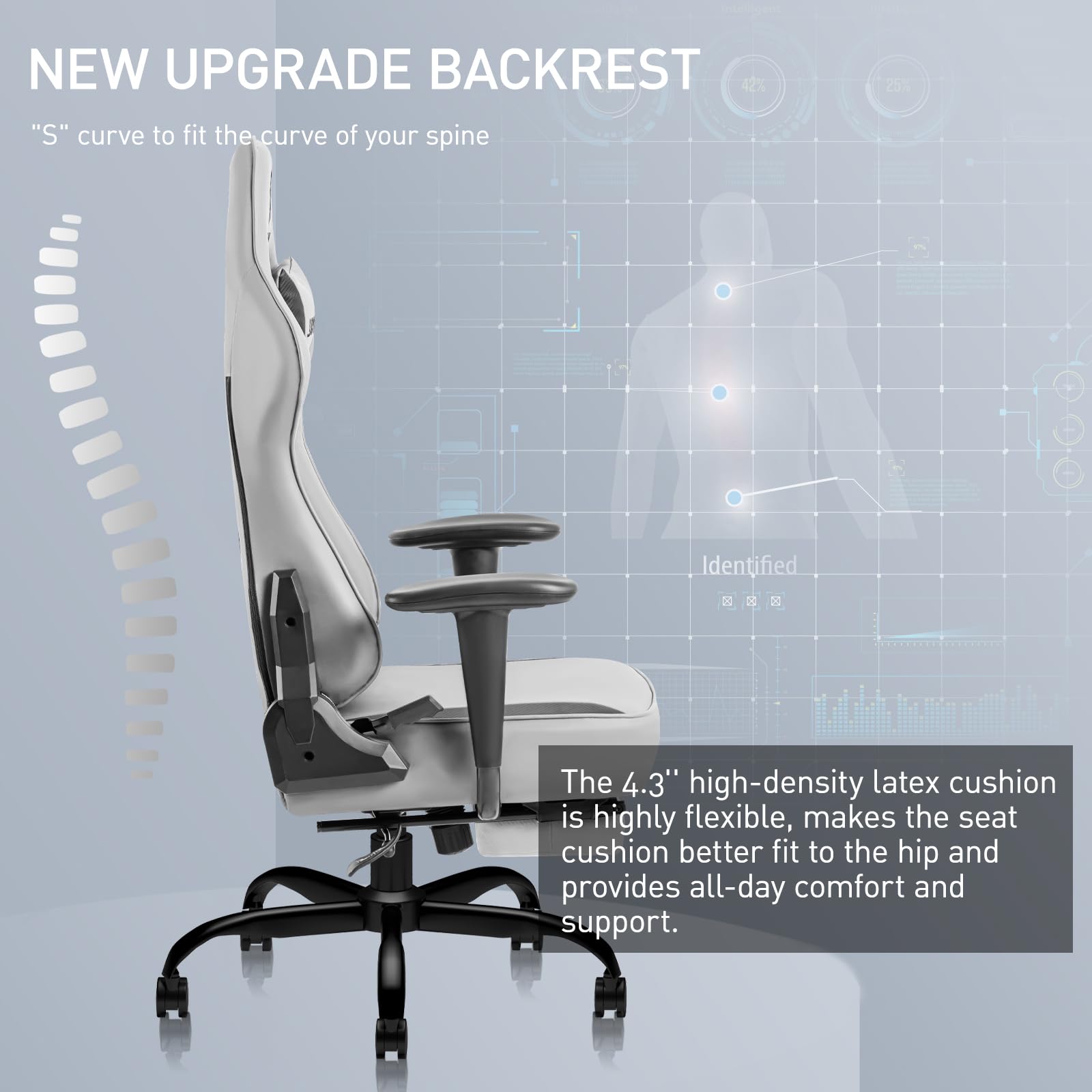 JOYFLY Ergonomic Gaming Chair with Footrest & Lumbar Support - High Back Racing Style PC Computer Office Chair for Adults - 350lbs Weight Capacity, Grey - Perfect for Esports, Streaming & Home Office Work