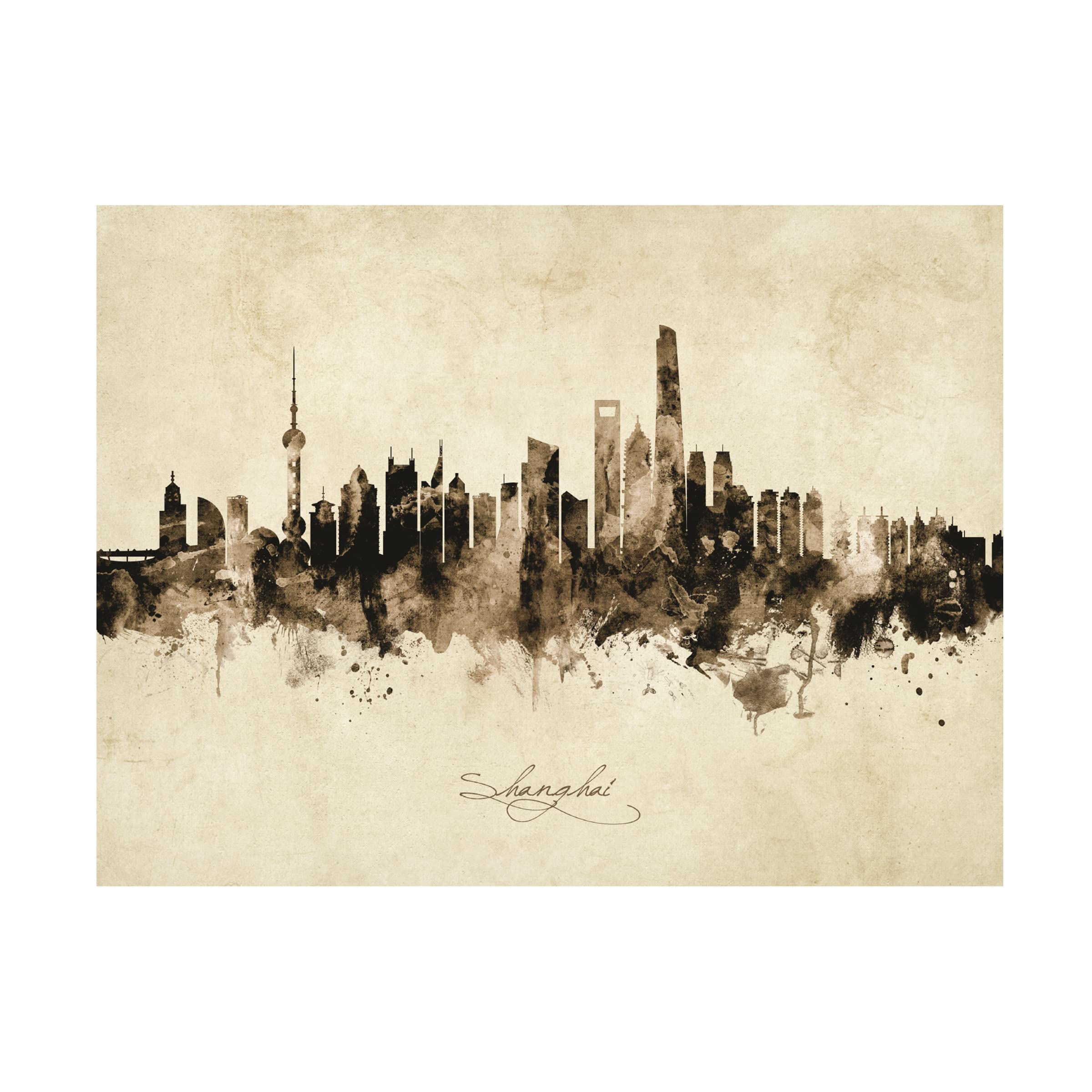 Michael Tompsett Shanghai China Skyline Vintage Canvas Art Print - Modern Wall Decor for Living Room, Bedroom & Office