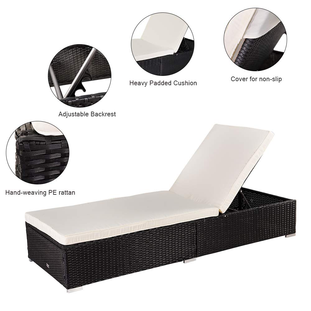 Ochine Patio Chaise Lounge Chair - Adjustable Rattan Wicker Outdoor Furniture Set with Cushion - Reclining Poolside Lounger for Backyard, Beach & Garden Relaxation (Shipped from USA)