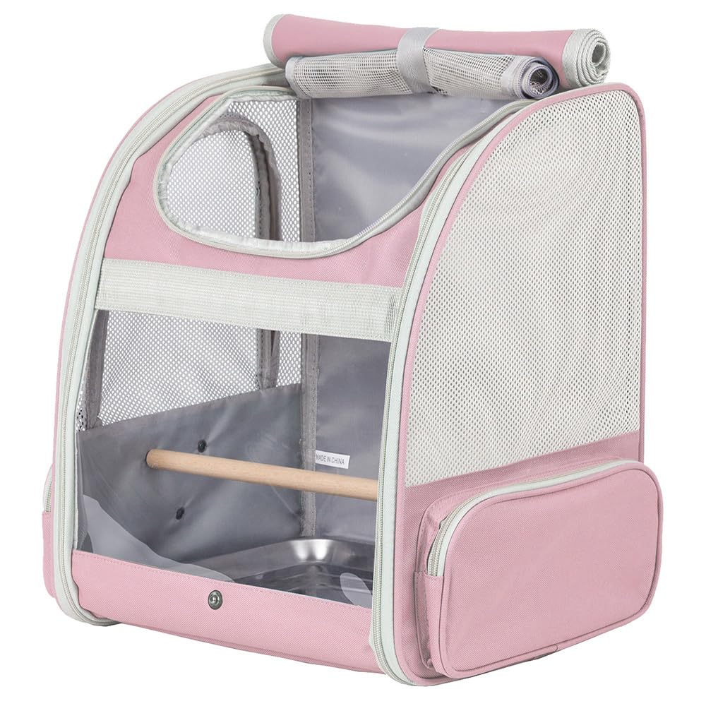 Bird Carrier Backpack with Wooden Stand Perch - Portable Travel Cage for Small Birds (Pink) | Perfect for Vet Visits, Outdoor Adventures & Air Travel