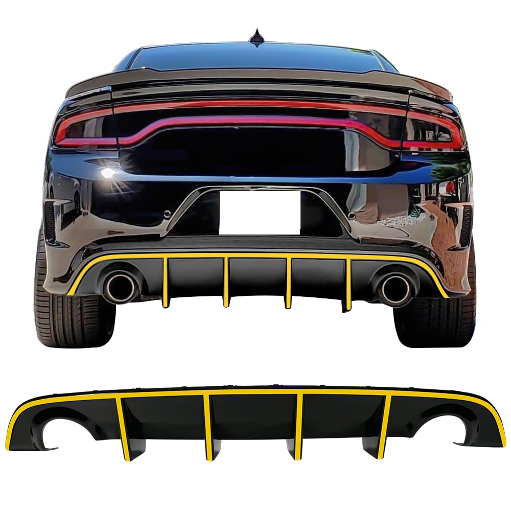 IKON MOTORSPORTS Bumper Lip Spoiler for 2015-2023 Dodge Charger SRT | Factory Style Rear Diffuser with Yellow Reflective Tape | Enhances Aerodynamics & Sporty Look for Street & Track Racing