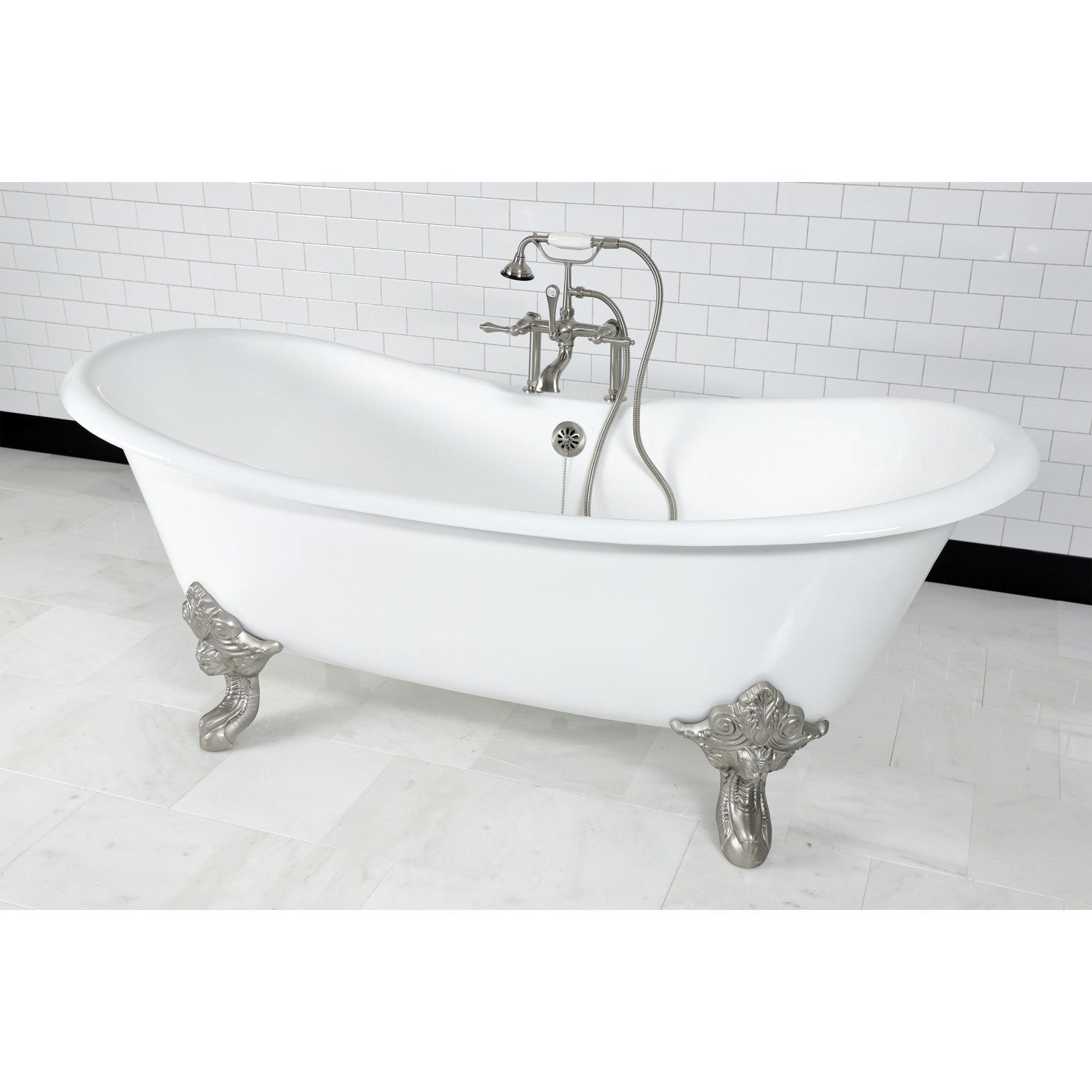 72 Inch White Cast Iron Clawfoot Bathtub with Brushed Nickel Faucet - Oval Double Slipper Design for Vintage Bathroom & Luxury Spa Retreat