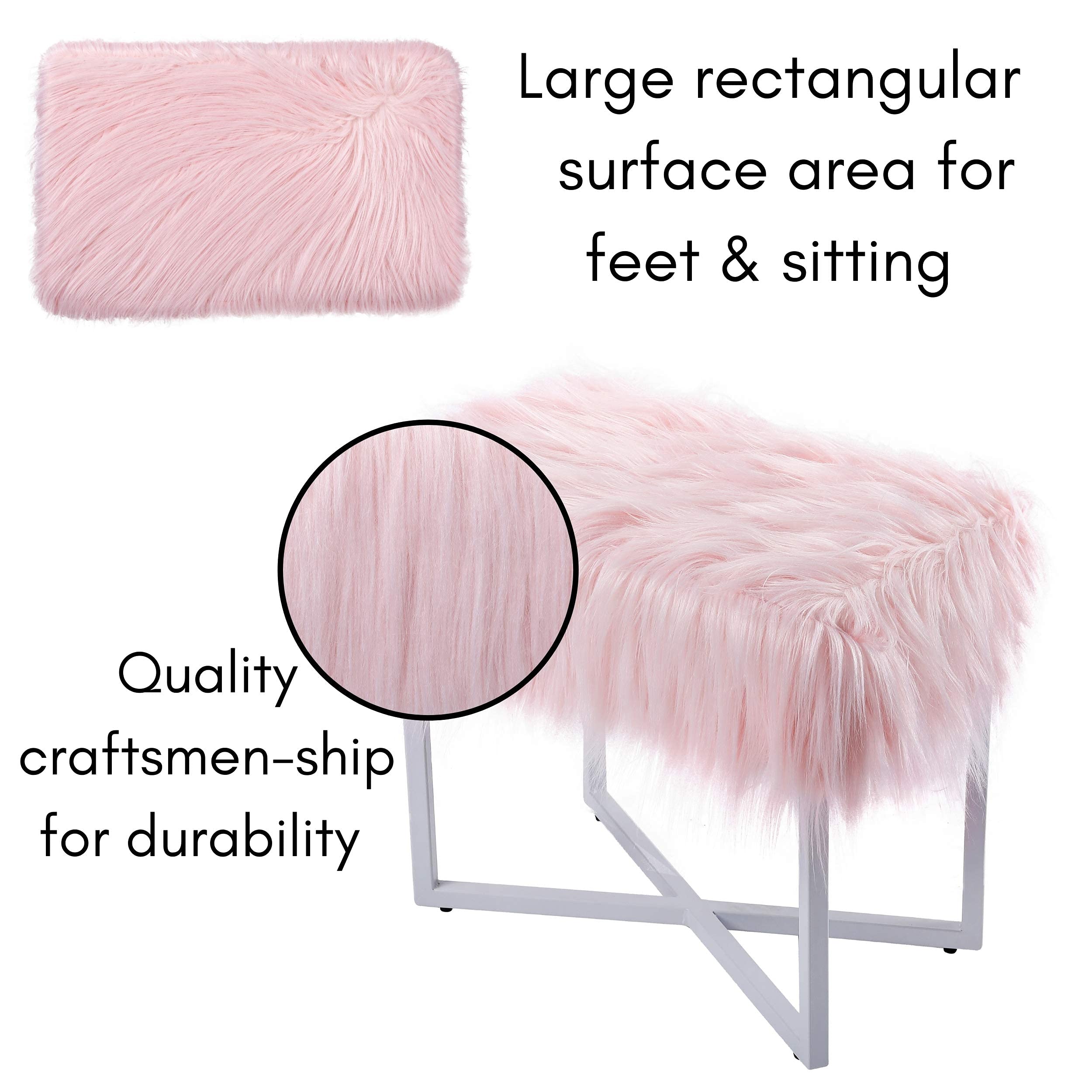 BIRDROCK HOME Small Pink Rectangular Faux Fur Vanity Stool Ottoman with White Metal Legs - Fluffy Makeup Seat & Cute Footrest - Perfect for Bedroom, Dressing Table, Girls Dorm or Office Desk - Compact Chair for Home Decor & Vanity Area
