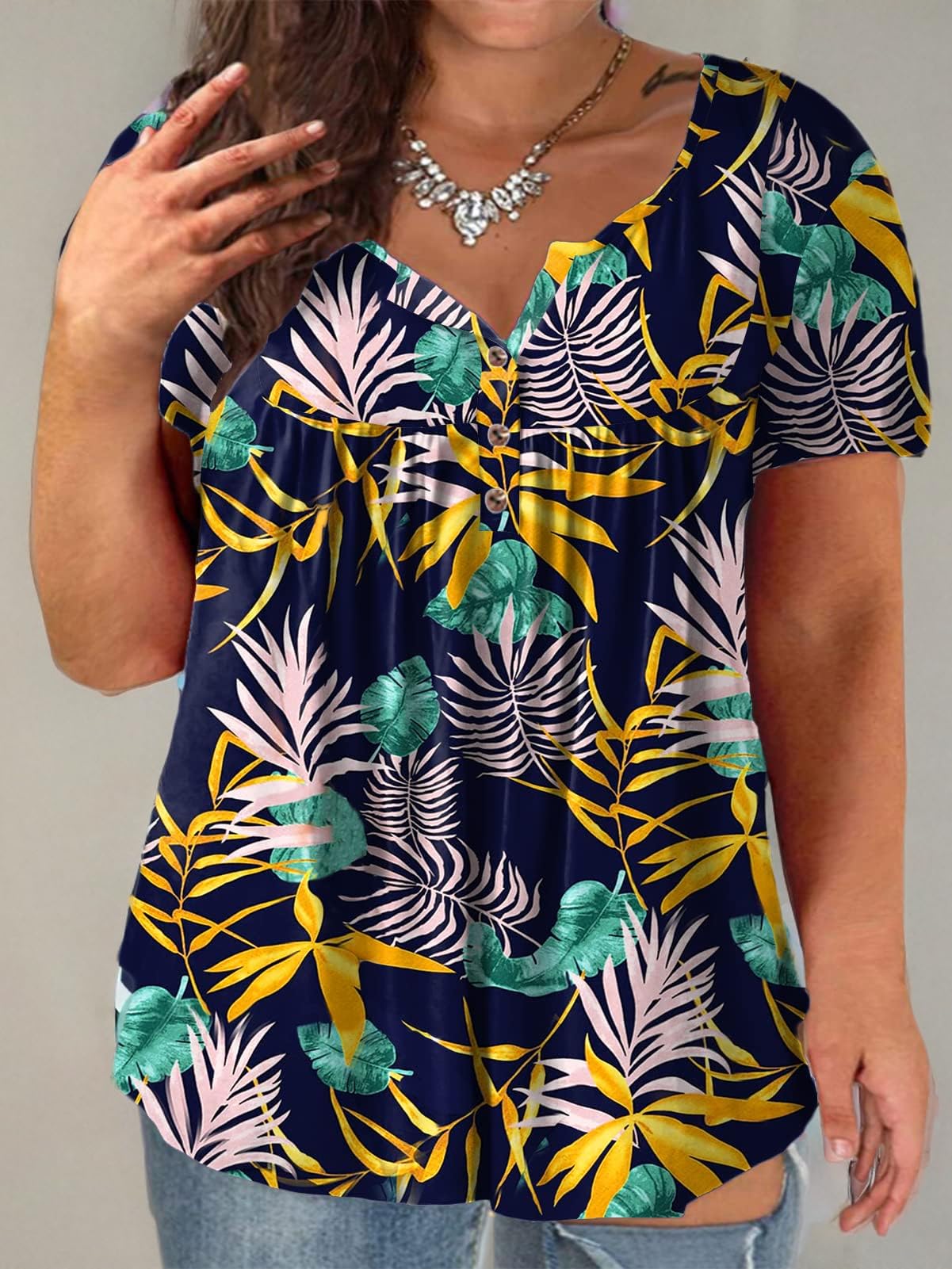 Plus Size Women's Summer Henley Shirts - Flowy Tunic Tops & Tees for Casual Wear, Beach Outfits & Everyday Comfort