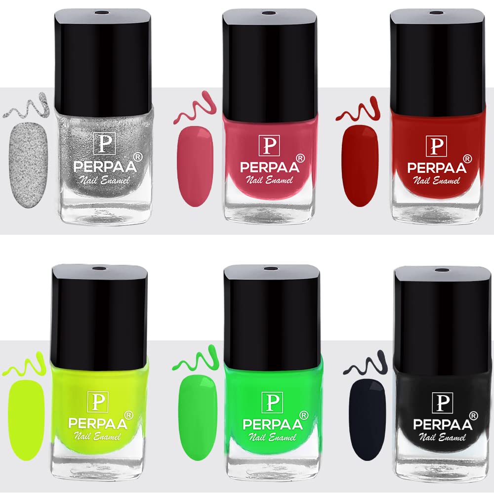 PERPAA® 6-Pack Long-Lasting Gel Nail Polish Set - Quick Dry, Chip Resistant, High Gloss (Silver, Light Pink, Deep Red, Neon, Light Green, Black) - Perfect for Manicures, Pedicures, Nail Art & Salon Quality at Home