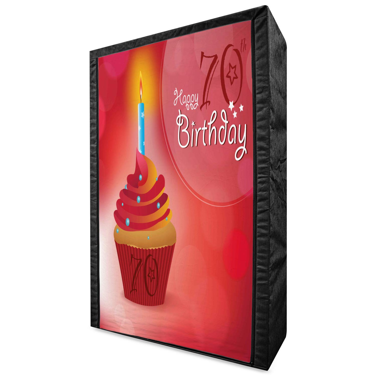 Ambesonne 70th Birthday Portable Fabric Wardrobe - Abstract Sun Beams Design with Party Cupcake Print, 42.5 Inch Clothing Organizer & Storage Closet with Shelves in Red & Orange - Perfect for Birthday Parties, Home Organization & Guest Room Storage
