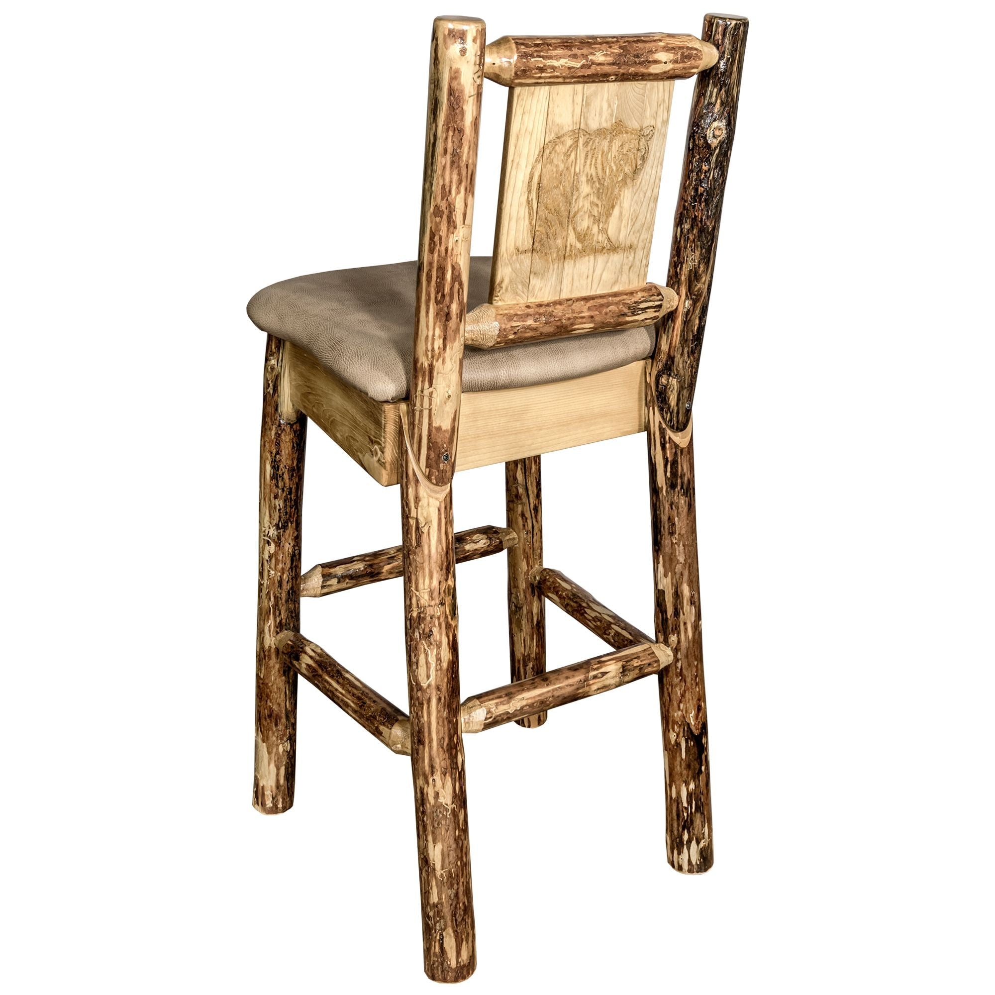 Premium Glacier Country Barstool with Buckskin Upholstery & Laser Engraved Design - Rustic Western Style Bar Height Stool for Home, Pub, or Saloon Decor