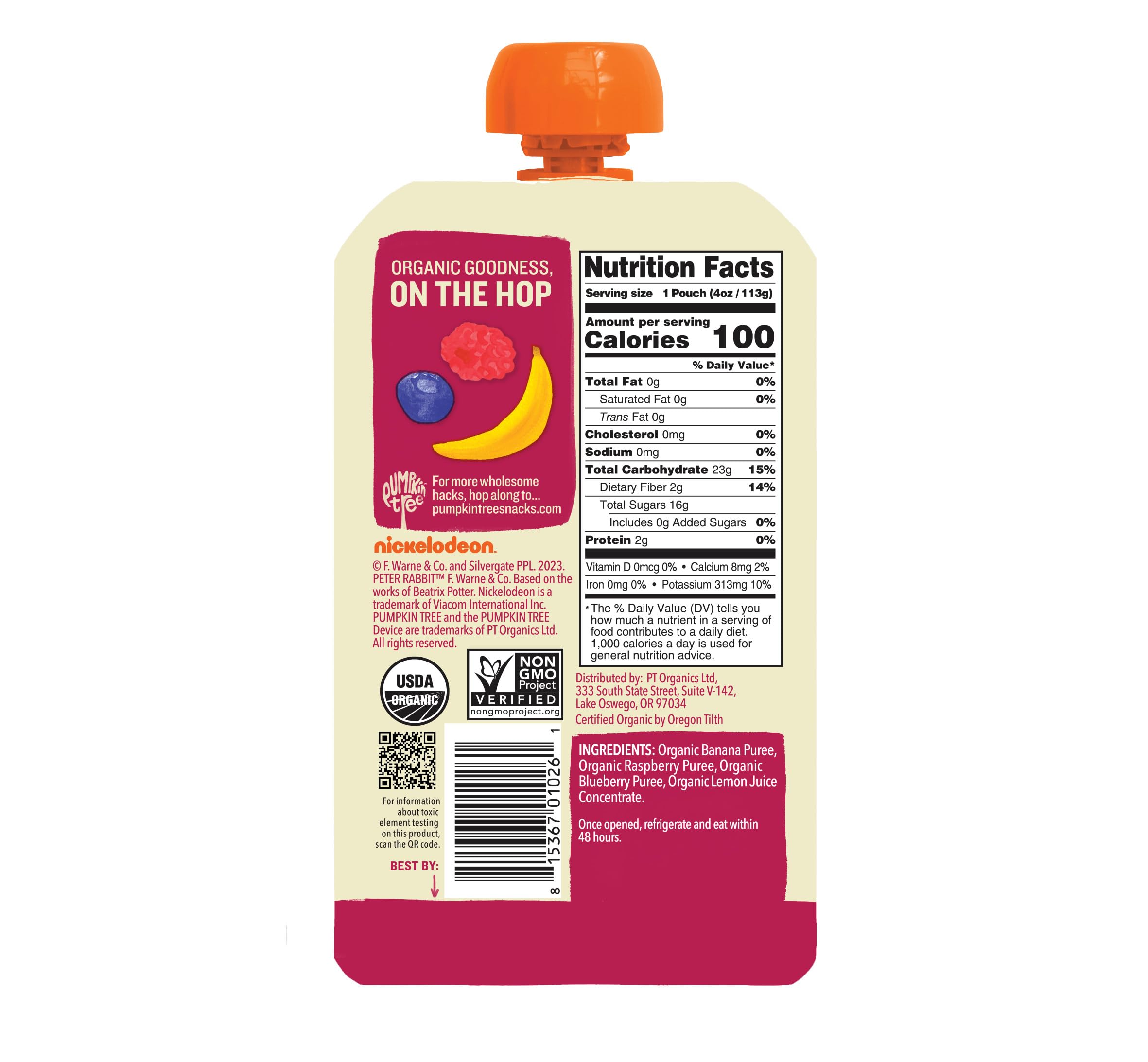 Organic Pumpkin Tree Peter Rabbit Fruit Snacks - 100% Pure Raspberry, Banana & Blueberry Blend, 4oz Squeeze Pouches (Pack of 10) | Healthy Kids Snack for Lunchboxes, Travel & On-the-Go Nutrition