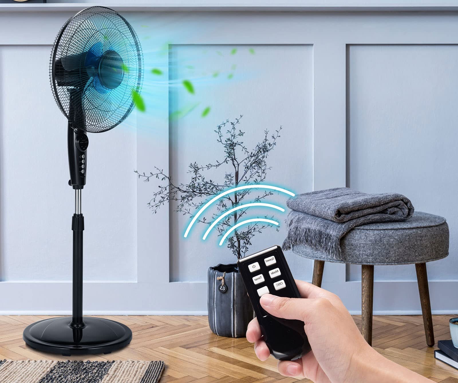 Happygrill 18 Inch Quiet Oscillating Pedestal Fan with Remote Control - 3-Speed Adjustable Standing Fan with Timer & LCD Display - Height Adjustable for Home, Office, Bedroom, Living Room & Outdoor Use