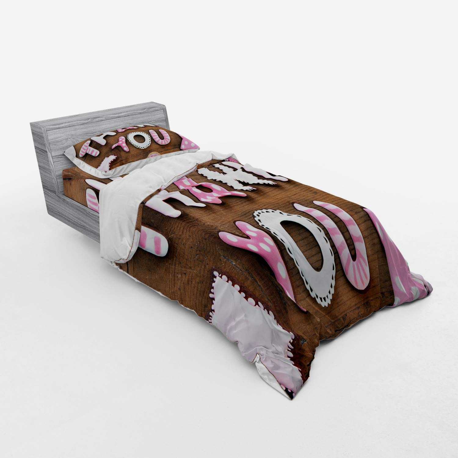 Ambesonne Thank You Bedding Set - Romantic Cookie Letters Sugar Candy Design on Rustic Wood Table - 3 Piece Duvet Cover Set with Sham & Fitted Sheet - Twin XL Size - White Brown & Pink - Perfect for Guest Rooms, Dorm Decor & Cozy Bedroom Makeovers