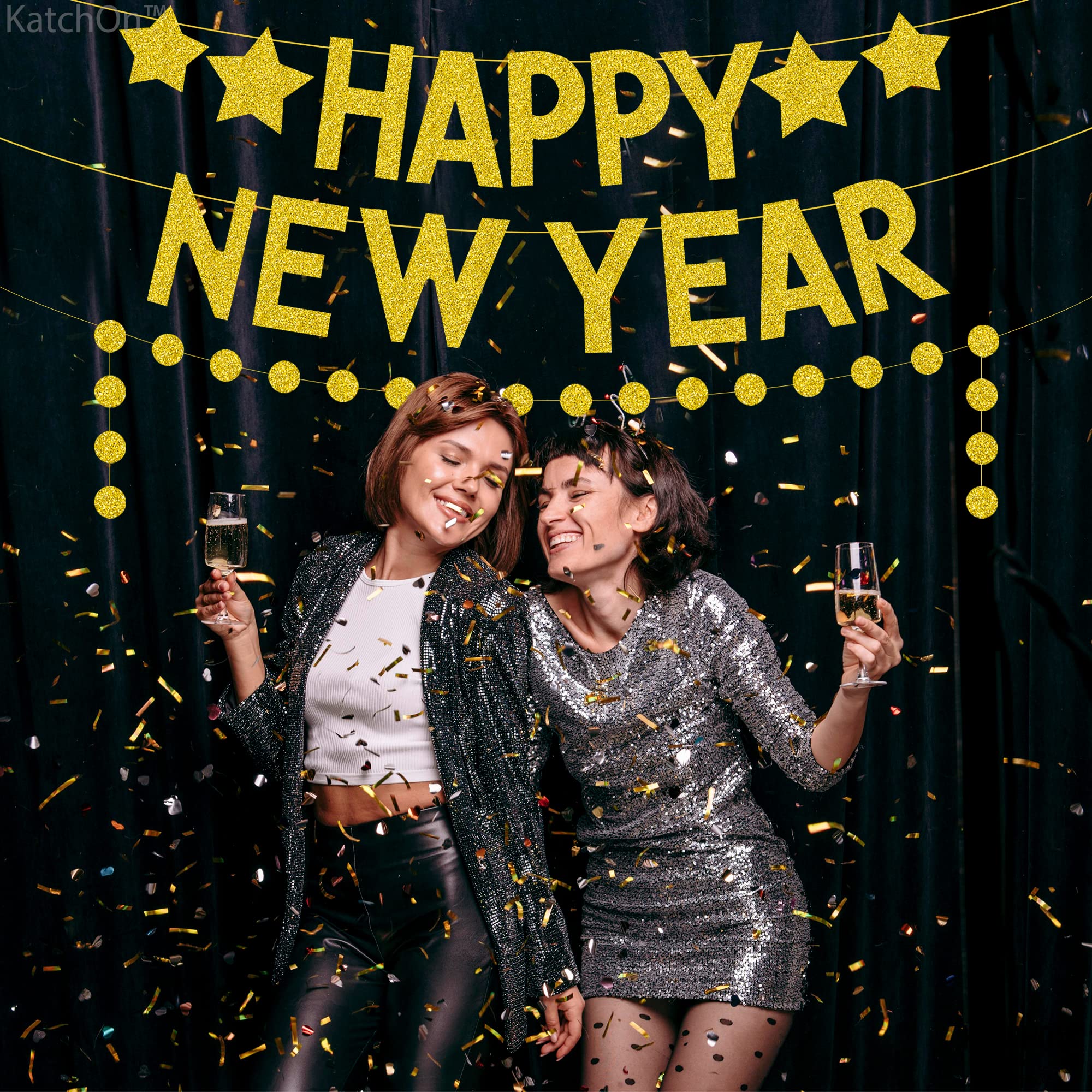 KatchOn Glitter Happy New Year Banner - 10ft Pre-Strung Gold Party Sign for 2025 New Year's Eve Decorations | Ready-to-Hang Celebration Backdrop for Home, Office & Holiday Parties