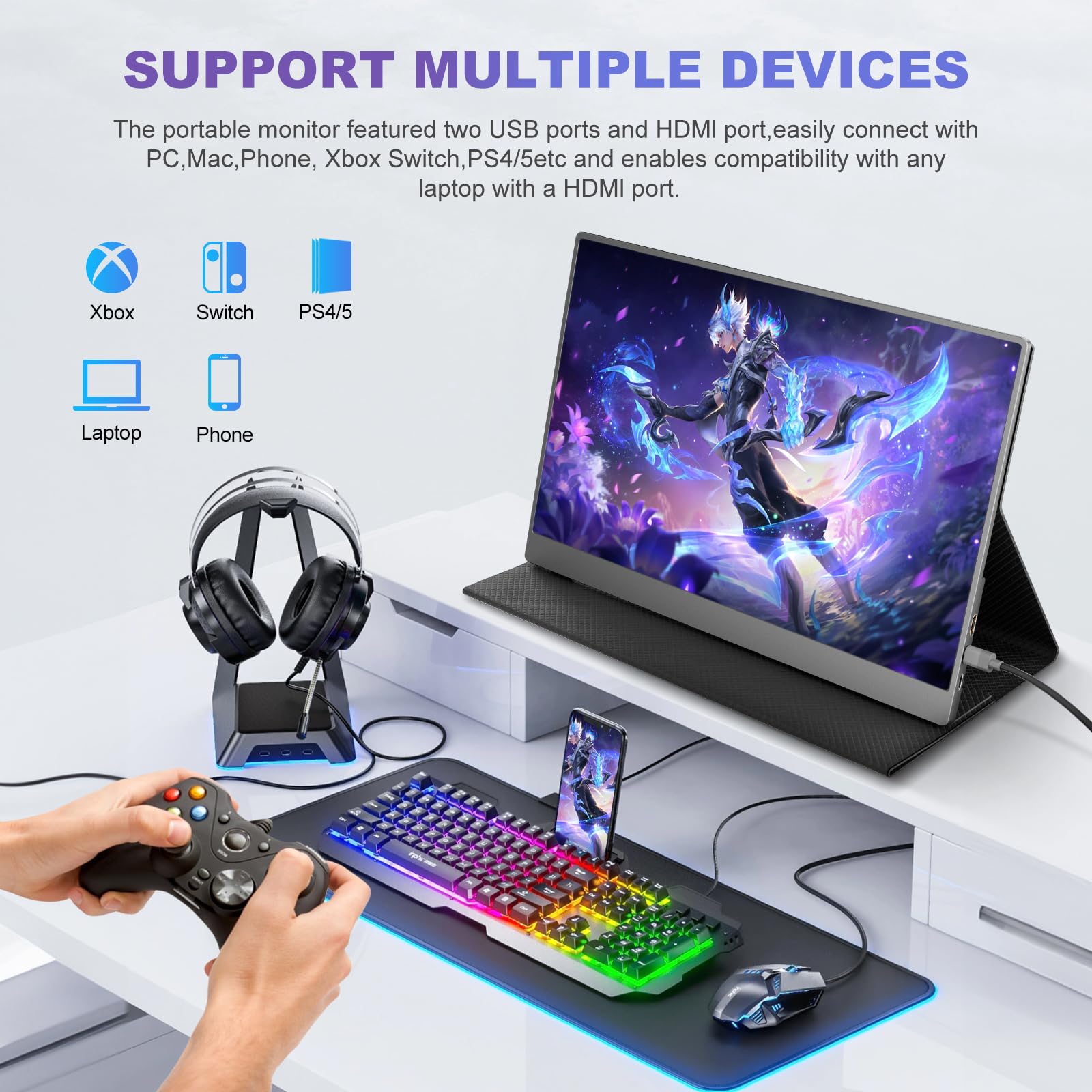 18.5 Inch Portable Monitor for Laptop - FHD 1080P IPS Display, 100% sRGB, HDR, USB-C/HDMI, VESA Mount, Built-in Speakers with Smart Cover - Perfect for Travel, Business, Gaming & Home Office Use