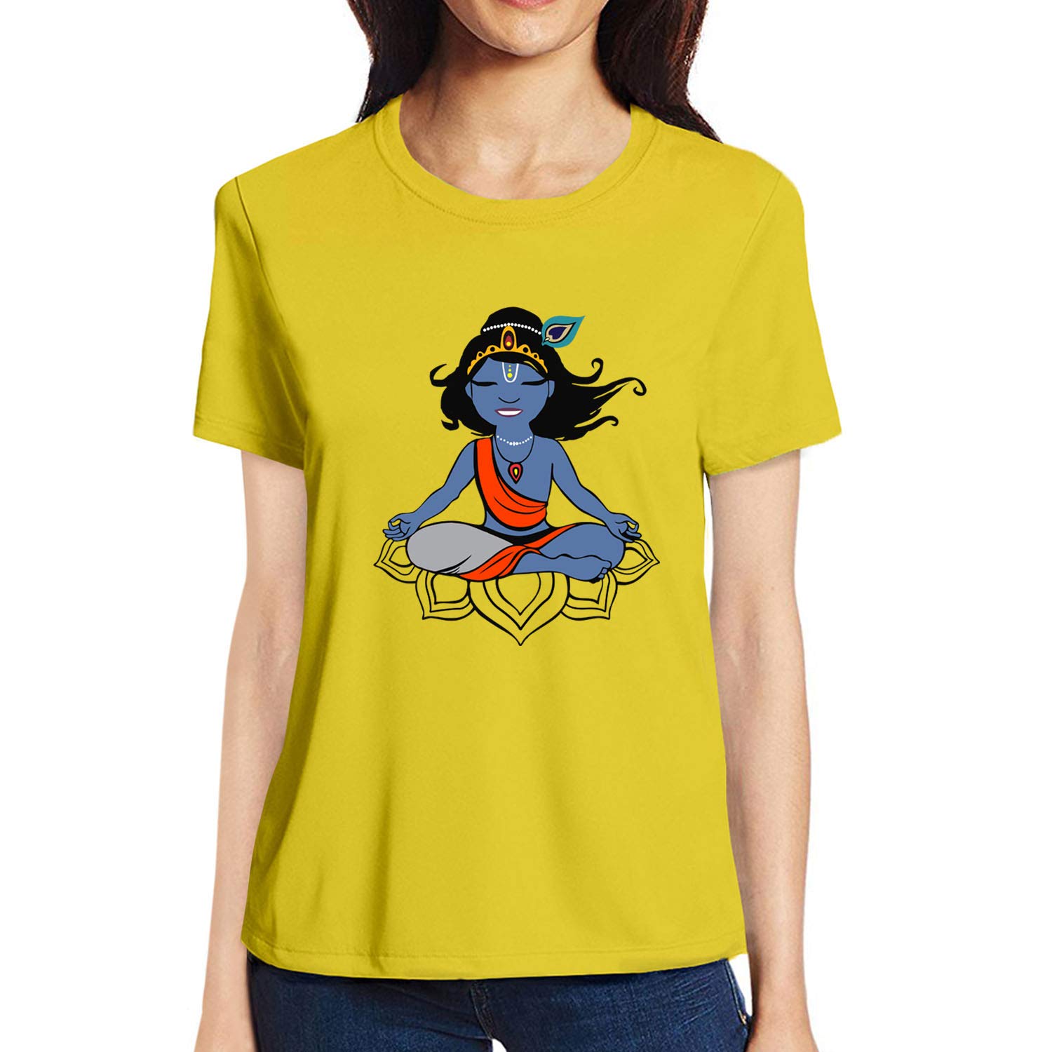 Pooplu Women's Regular Fit Krishna Yoga Cotton Graphic Printed Round Neck Half Sleeve T-Shirt | Breathable & Comfortable for Yoga, Gym, Workout | Spiritual Fitness Apparel for Meditation & Daily Wear