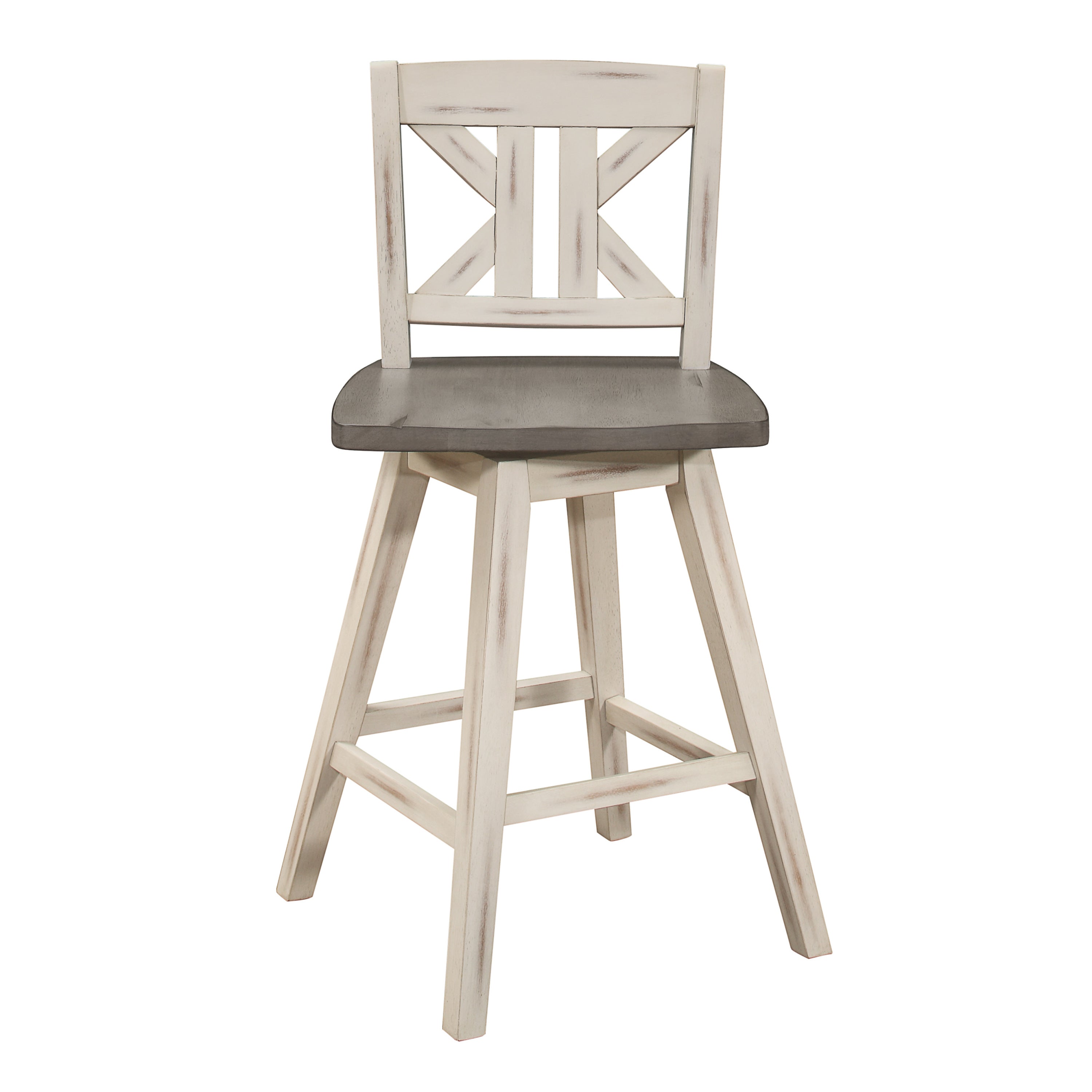 360 Degree Swivel Counter Height Chairs Set of 2 - White & Gray Solid Rubberwood Kitchen Bar Stools with Divided X Back - Perfect for Breakfast Nook, Kitchen Island & Small Dining Spaces