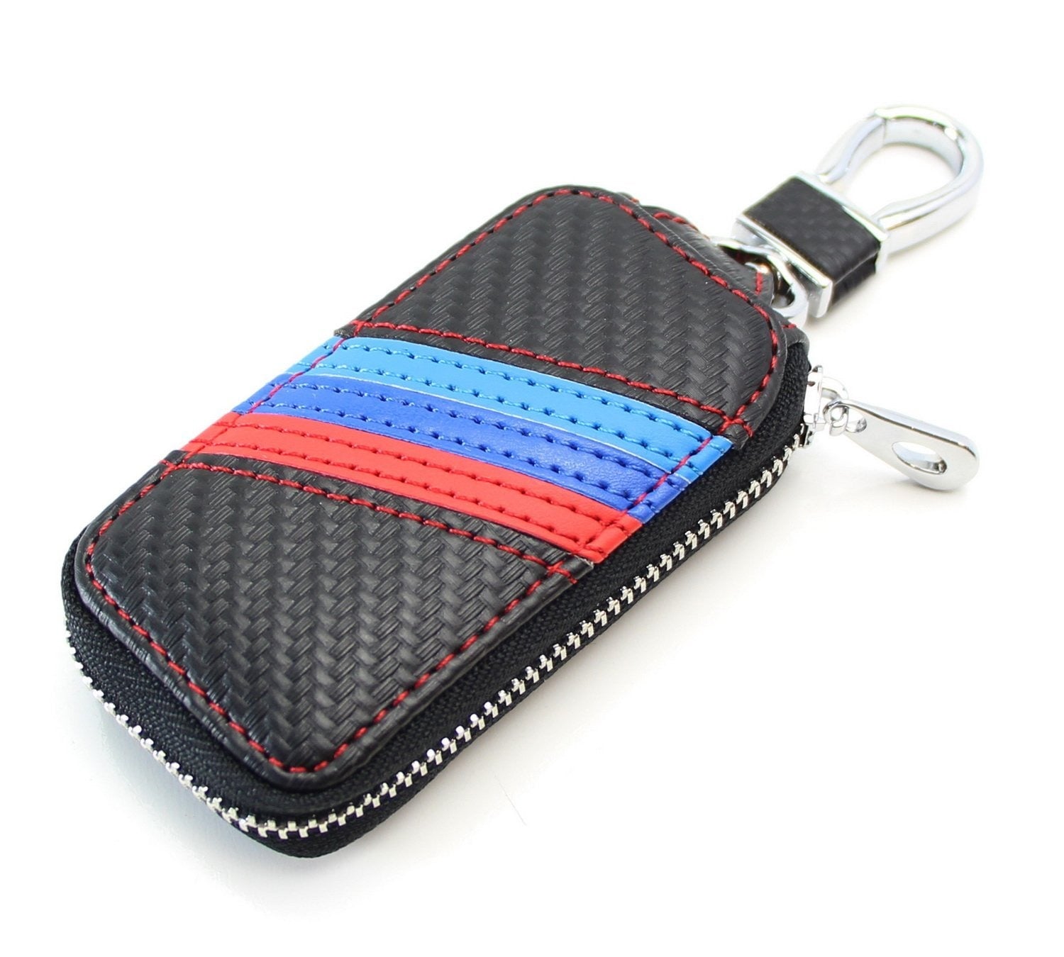 BMW Key Holder Cover - Carbon Fiber Pattern with Colored Stripes, Durable Leather Key Case for BMW Enthusiasts | Perfect for Car Keys, Home & Office Use
