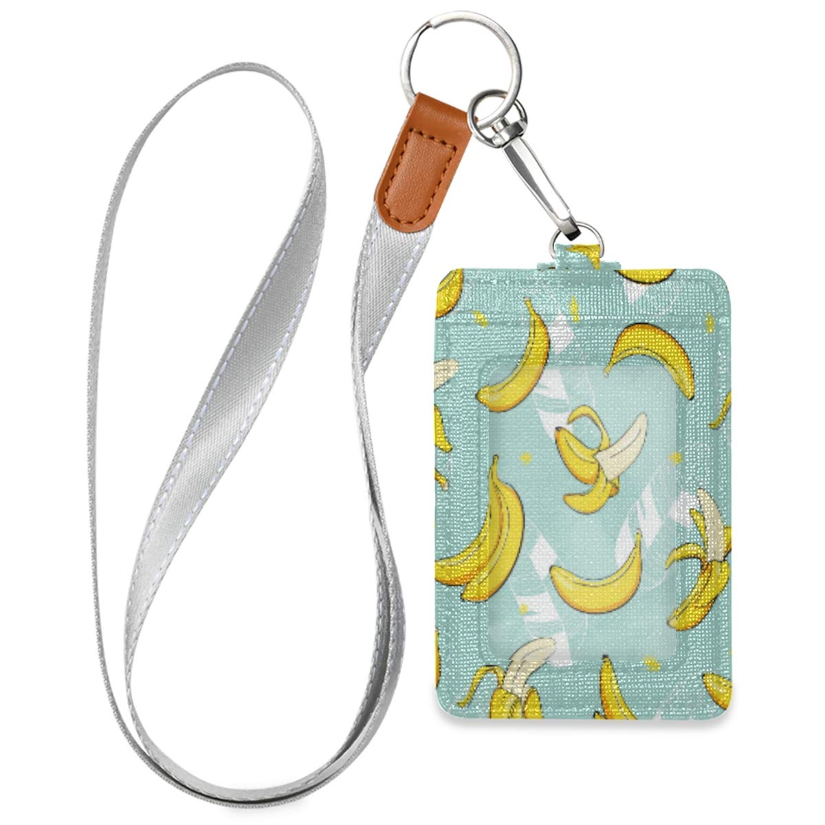 Funny Cartoon Banana ID Badge Holder with Adjustable Neck Lanyard - PU Leather Vertical Name Card Holder with 1 Clear Window & 2 Credit Card Slots - Perfect for Teachers, Office Workers, Students & Event Staff (Ideal for Schools, Conferences & Corporate Security)