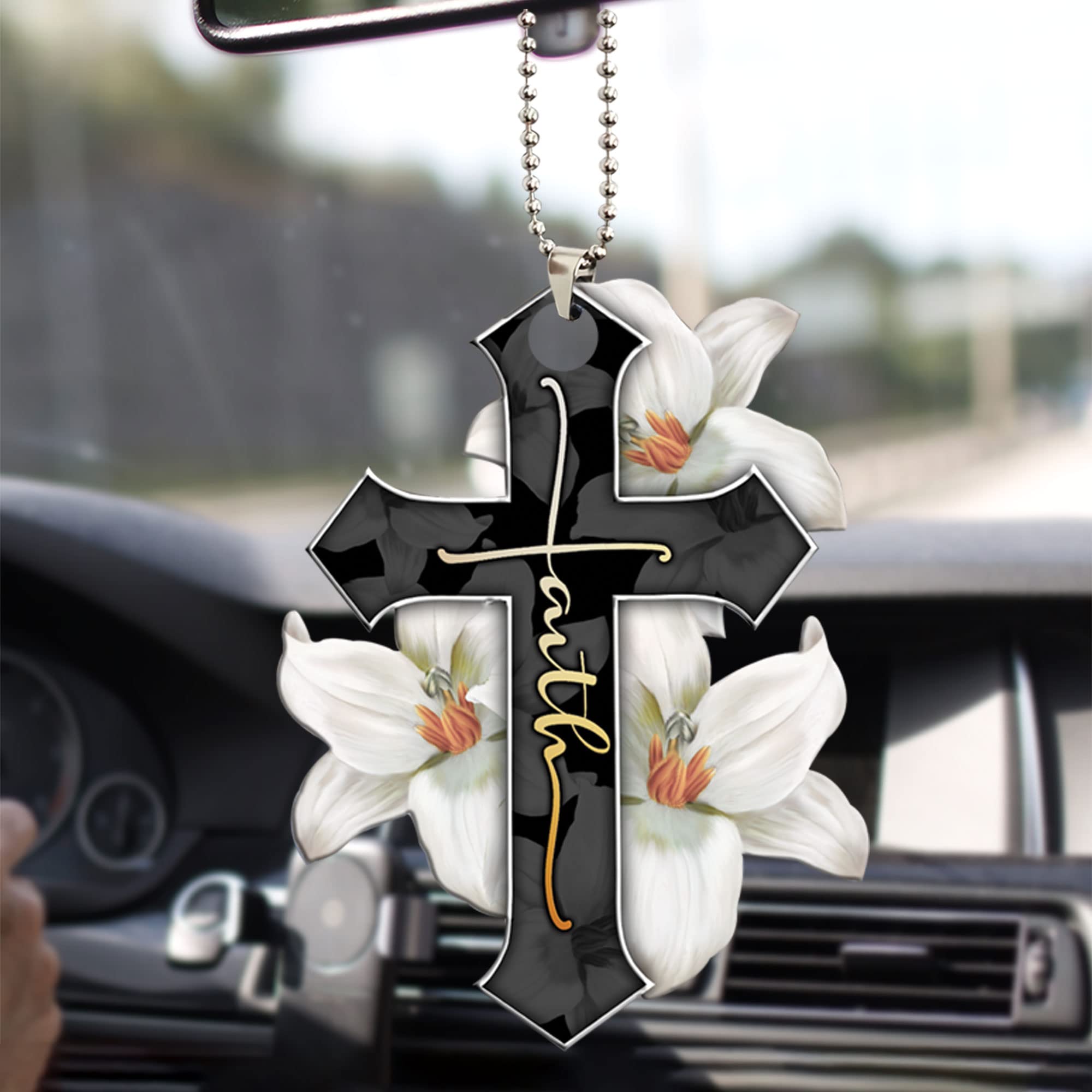 Talataca White Lily Faith Jesus Cross Christian 2D Flat Car Rearview Mirror Charm - Religious Car Accessory Decor for Christmas Tree Ornament, Interior Hanging Pendant Gift (Perfect for Daily Commute, Church Visits & Spiritual Protection)
