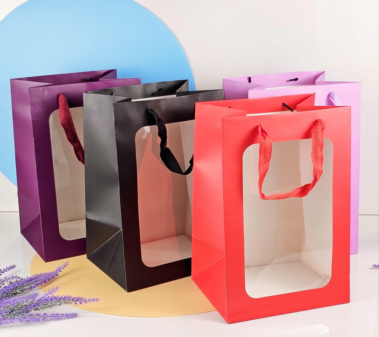 4 Pack Clear Window Gift Bags with Handles - Reusable Hamper, Shopping, Party Favor Bags for Valentine's Day, Birthdays, Weddings & Festive Events - Perfect for Candy, Treats & Small Presents