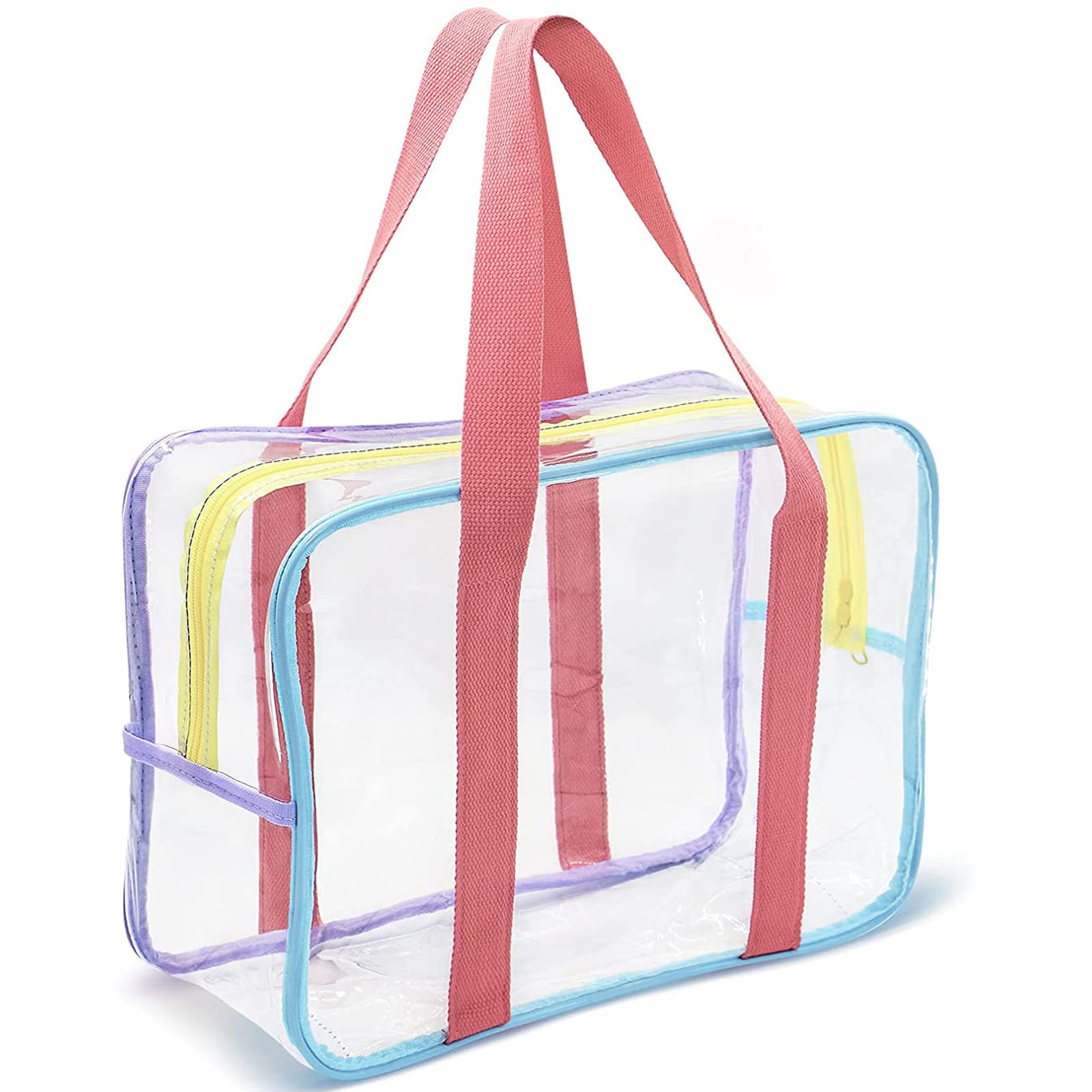 Large Clear Makeup Bags for Women - Transparent Cosmetic Organizer with Side Pockets, PVC Zipper Closure - Multifunctional Travel Toiletry Bag, Beach Bag & Swimming Handbag (Rainbow) | Perfect for Travel, Gym, Pool & Daily Organization