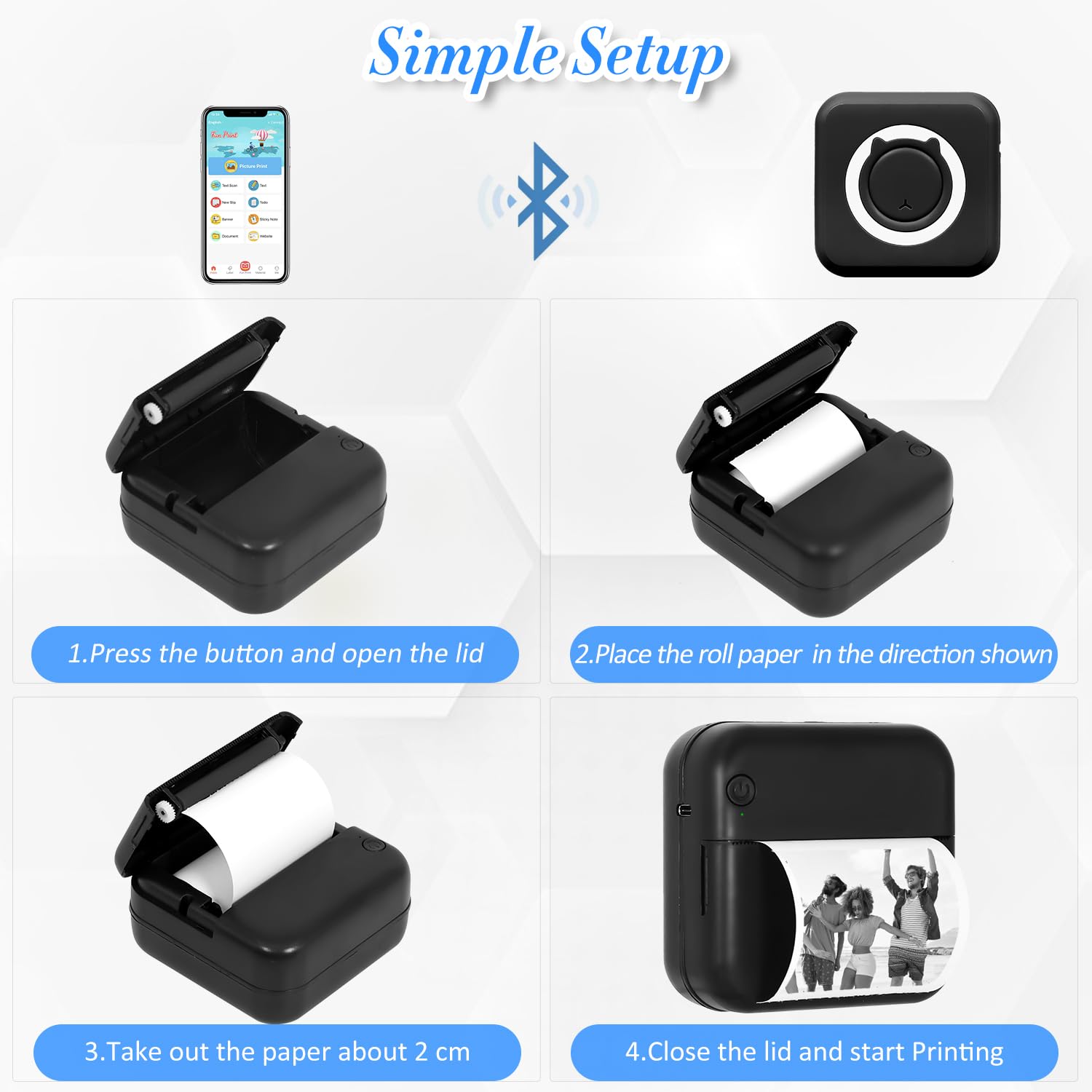 KozyOne Bluetooth Thermal Printer - No Ink Needed, Includes 3 Sticker Rolls & 3 Thermal Paper Rolls | Portable Label Maker for Shipping, Organizing, Photos, Notes & To-Do Lists | Perfect for Home Office, Small Business & Craft Projects (Black)