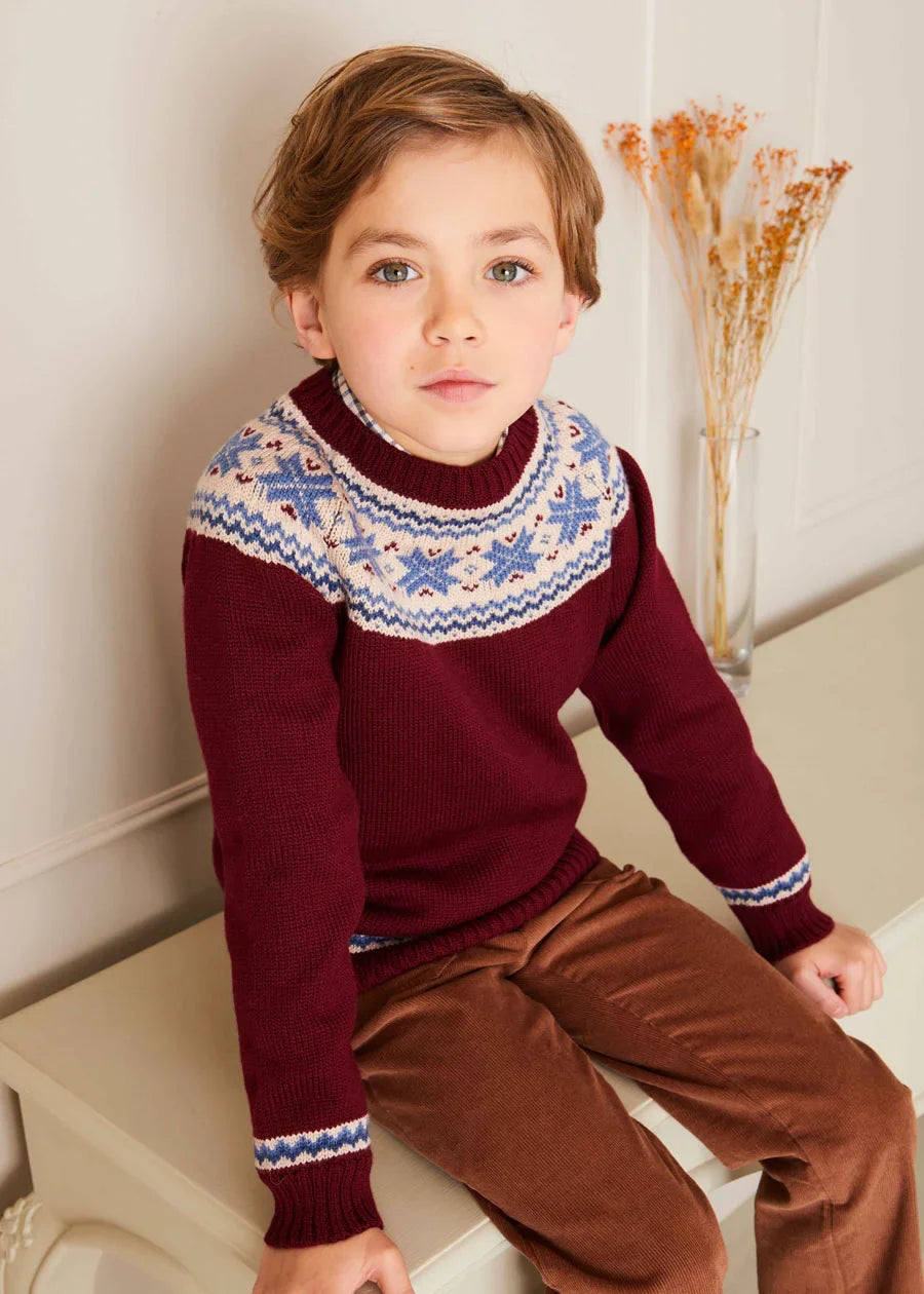 Classic Fair Isle Merino Wool Sweater for Kids - Burgundy Knit Pullover (12 Months to 10 Years) | Warm Winter Wear for Boys & Girls | Cozy Holiday Outfit & Christmas Photoshoot