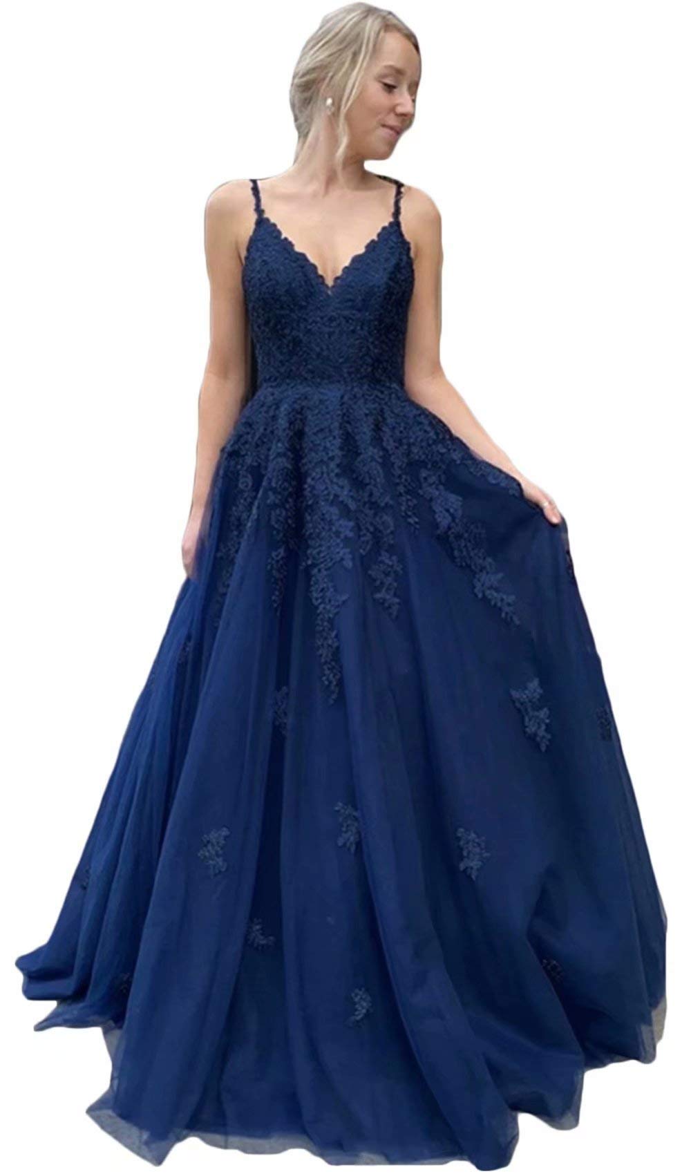 Elegant Long V-Neck Spaghetti Strap Tulle Prom Dress with Lace Appliques - Women's Formal Evening Gown for Prom, Homecoming, Wedding & Special Occasions