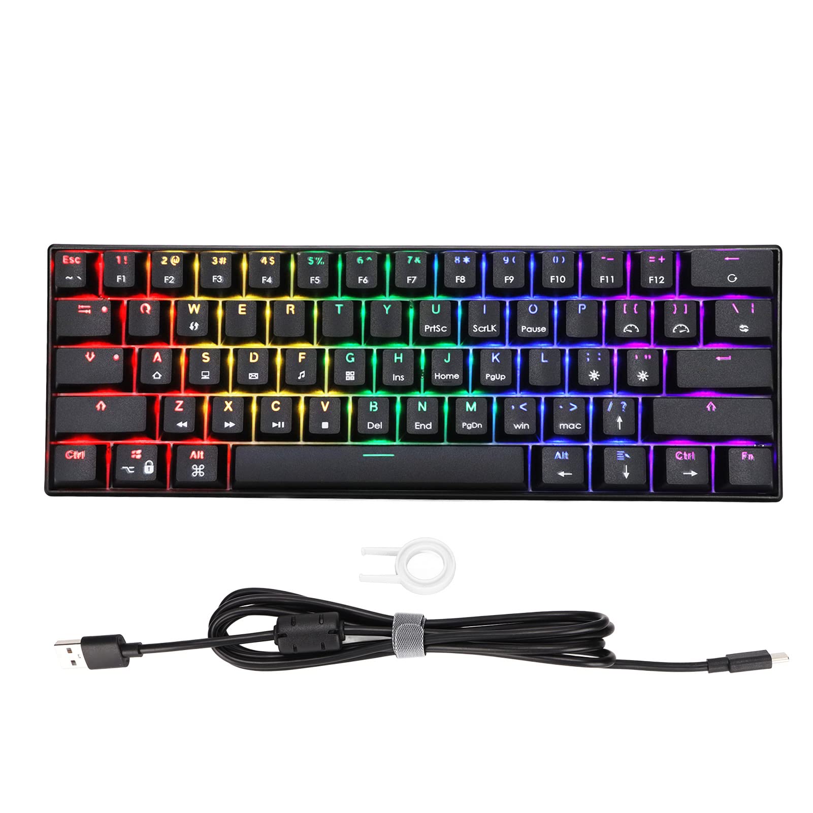 61-Key RGB Backlit Mechanical Gaming Keyboard with Ergonomic Compact Design - USB-C Wired, 4 Switch Options (Red Switch) for PC Windows - Perfect for Esports, Office Work & Typing